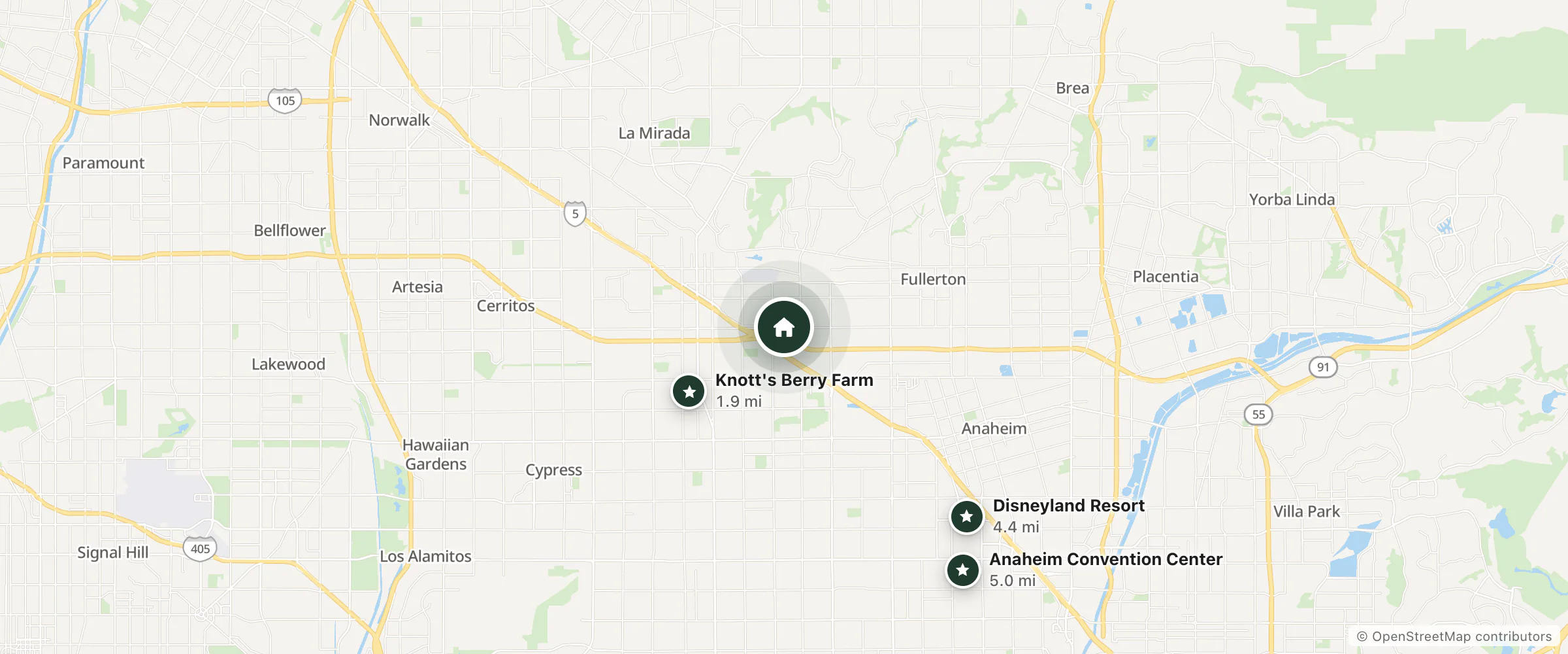 Map of Fullerton Inn and nearby Knott's Berry Farm, Disneyland Resort and Anaheim Convention Center