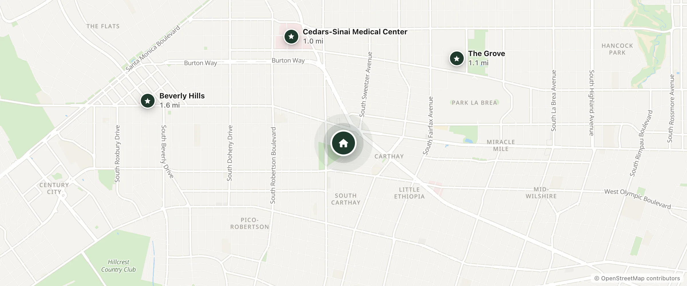 Map of Olivia hotel and nearby Cedars-Sinai Medical Center, The Grove and Beverly Hills