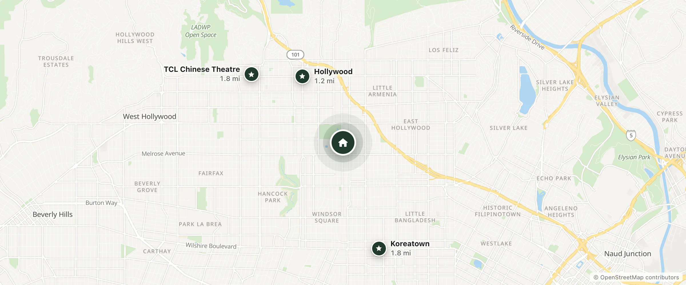 Map of Hollywood Dream Suites and nearby Hollywood, Koreatown and TCL Chinese Theatre