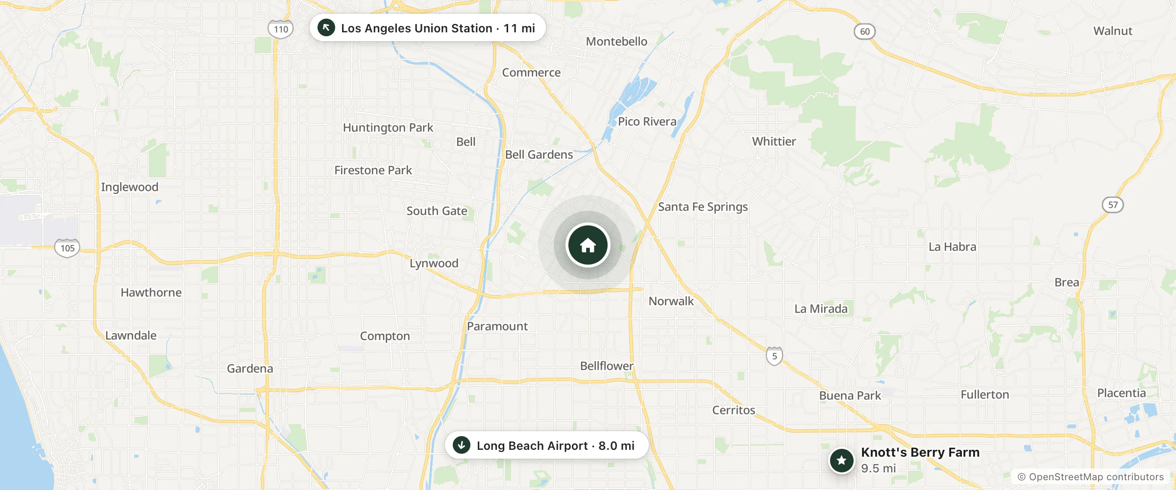Map of Downey Inn and nearby Long Beach Airport, Knott's Berry Farm and Los Angeles Union Station
