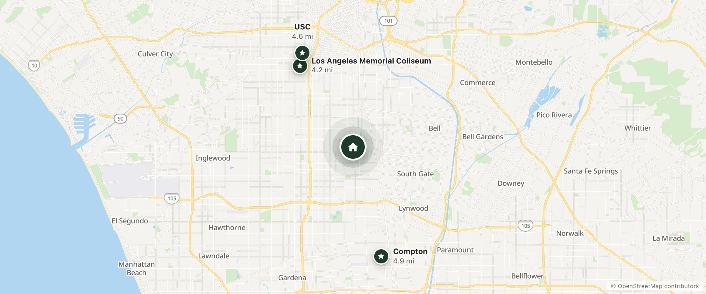 Map of The Selah Garden Hotel and nearby Los Angeles Memorial Coliseum, USC and Compton