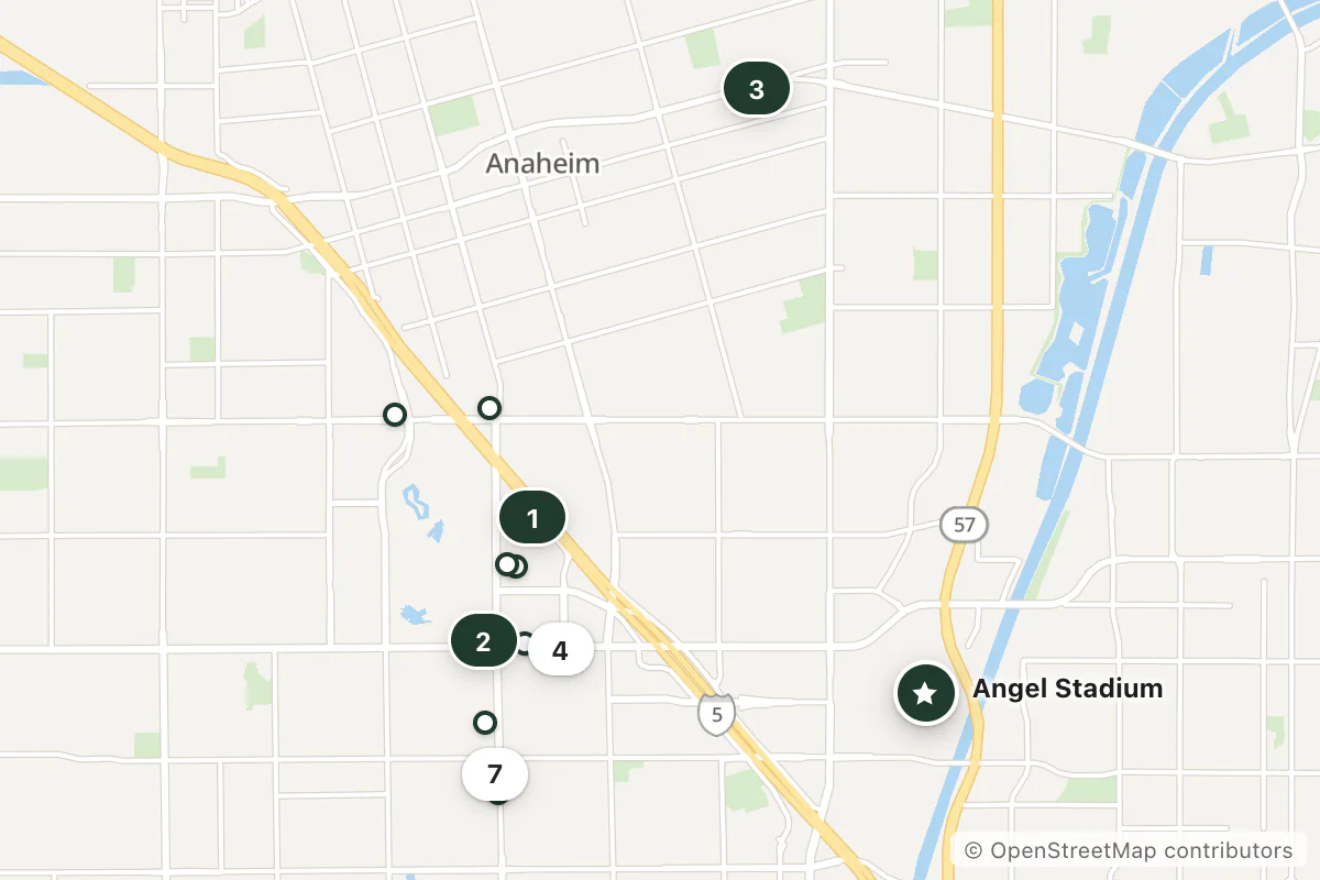 Map of the top 13 hotels for this question around Angel Stadium