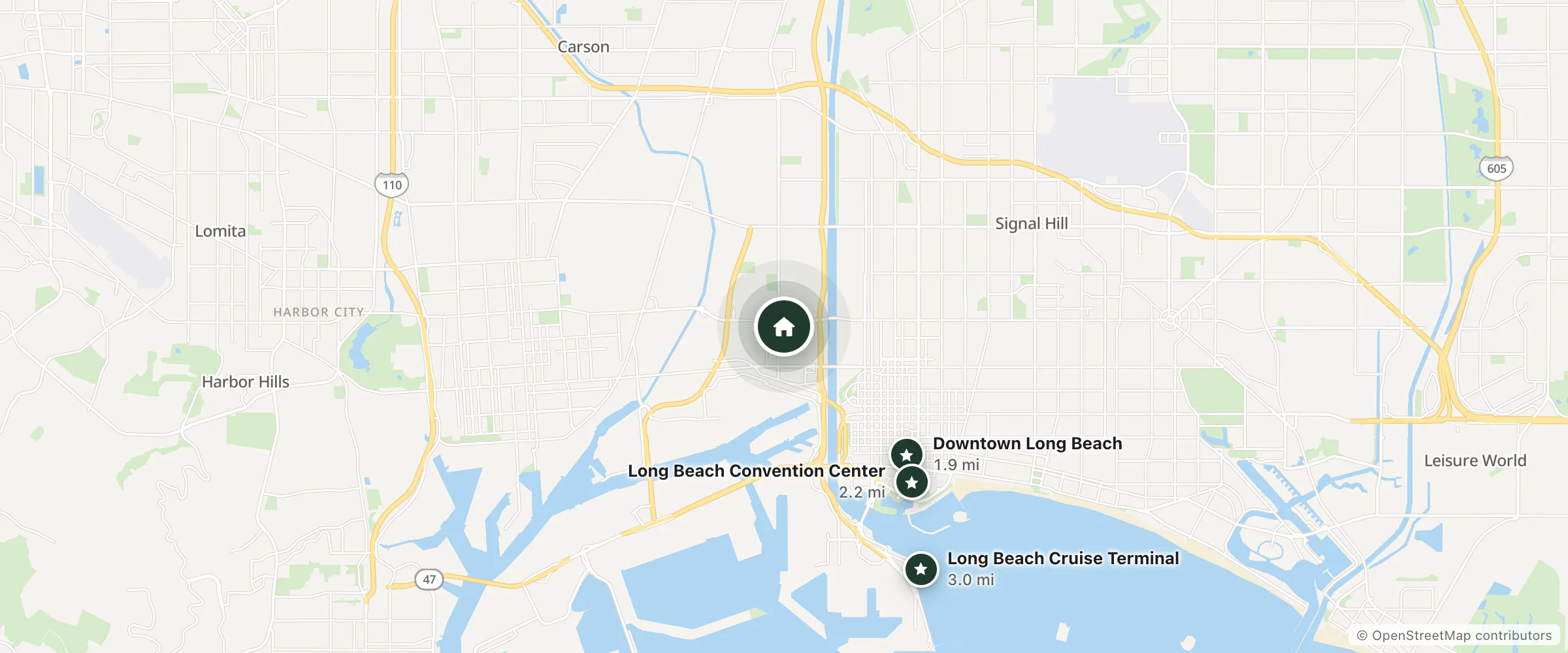 Map of La Bonita Inn Motel and nearby Downtown Long Beach, Long Beach Convention Center and Long Beach Cruise Terminal