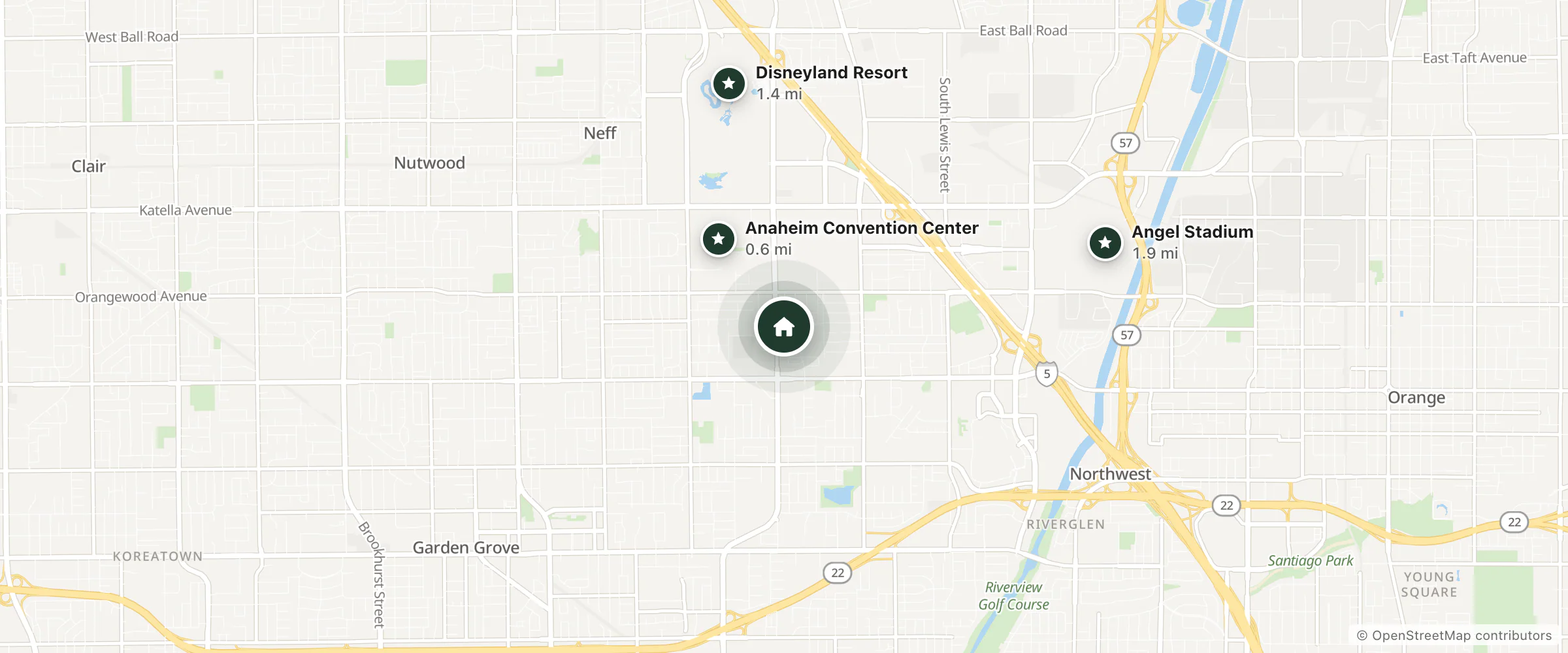 Map of Hacienda Inn & Suites and nearby Anaheim Convention Center, Disneyland Resort and Angel Stadium
