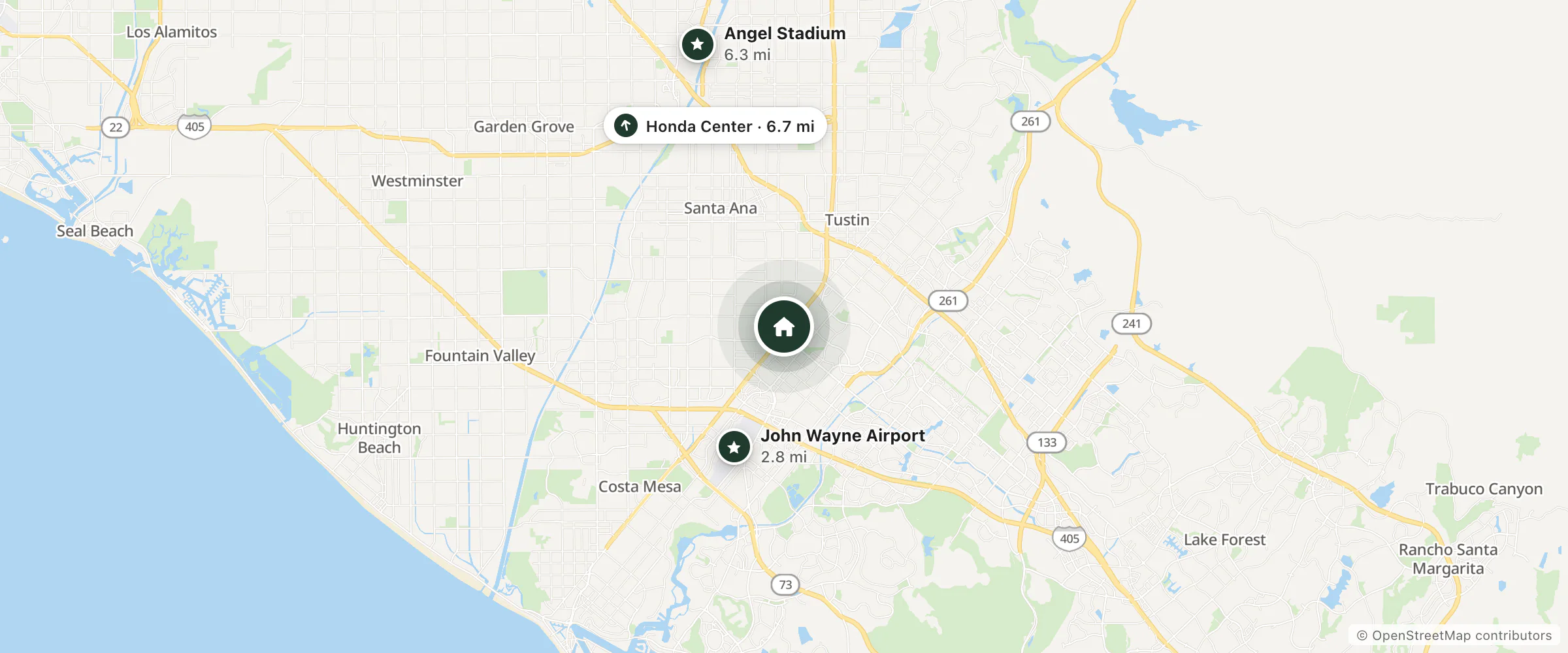 Map of Sonesta Simply Suites Orange County Airport and nearby John Wayne Airport, Angel Stadium and Honda Center