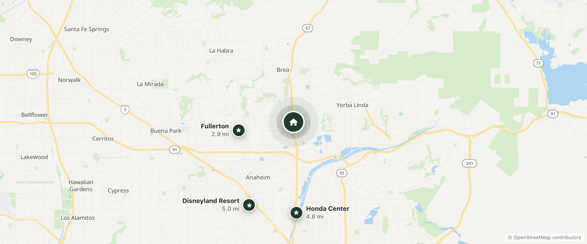 Map of DoubleTree by Hilton Fullerton and nearby Fullerton, Honda Center and Disneyland Resort