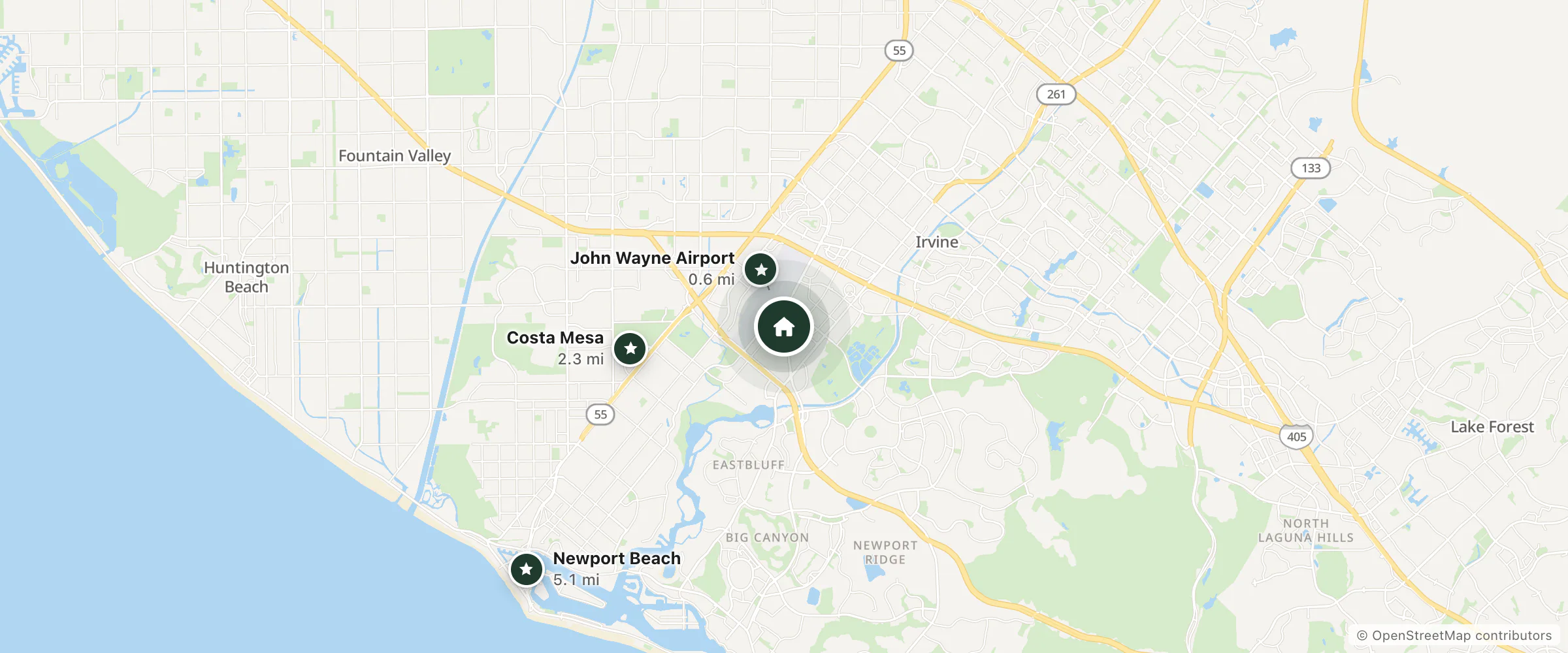 Map of Radisson Hotel Newport Beach and nearby John Wayne Airport, Costa Mesa and Newport Beach