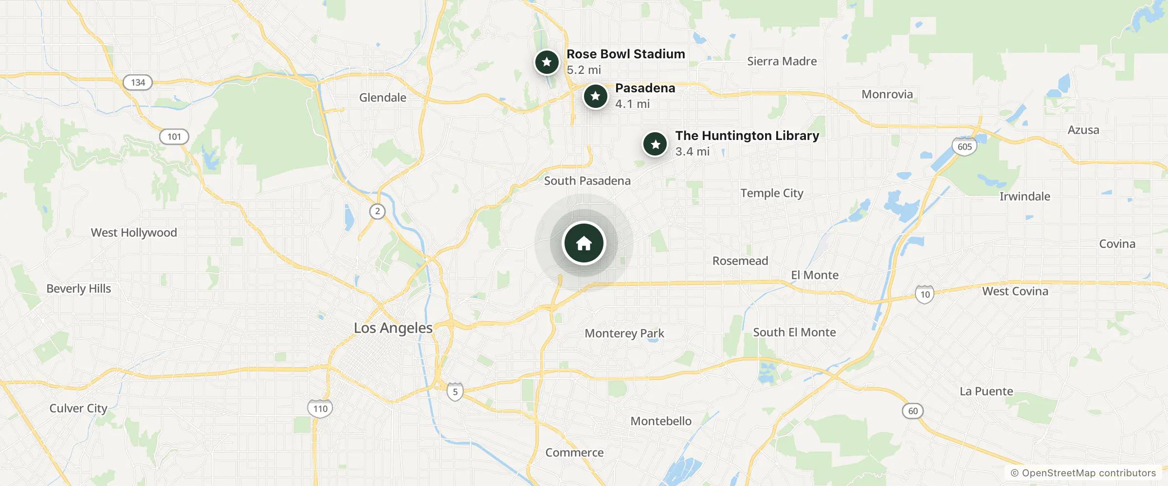 Map of Alhambra Hotel and nearby The Huntington Library, Pasadena and Rose Bowl Stadium