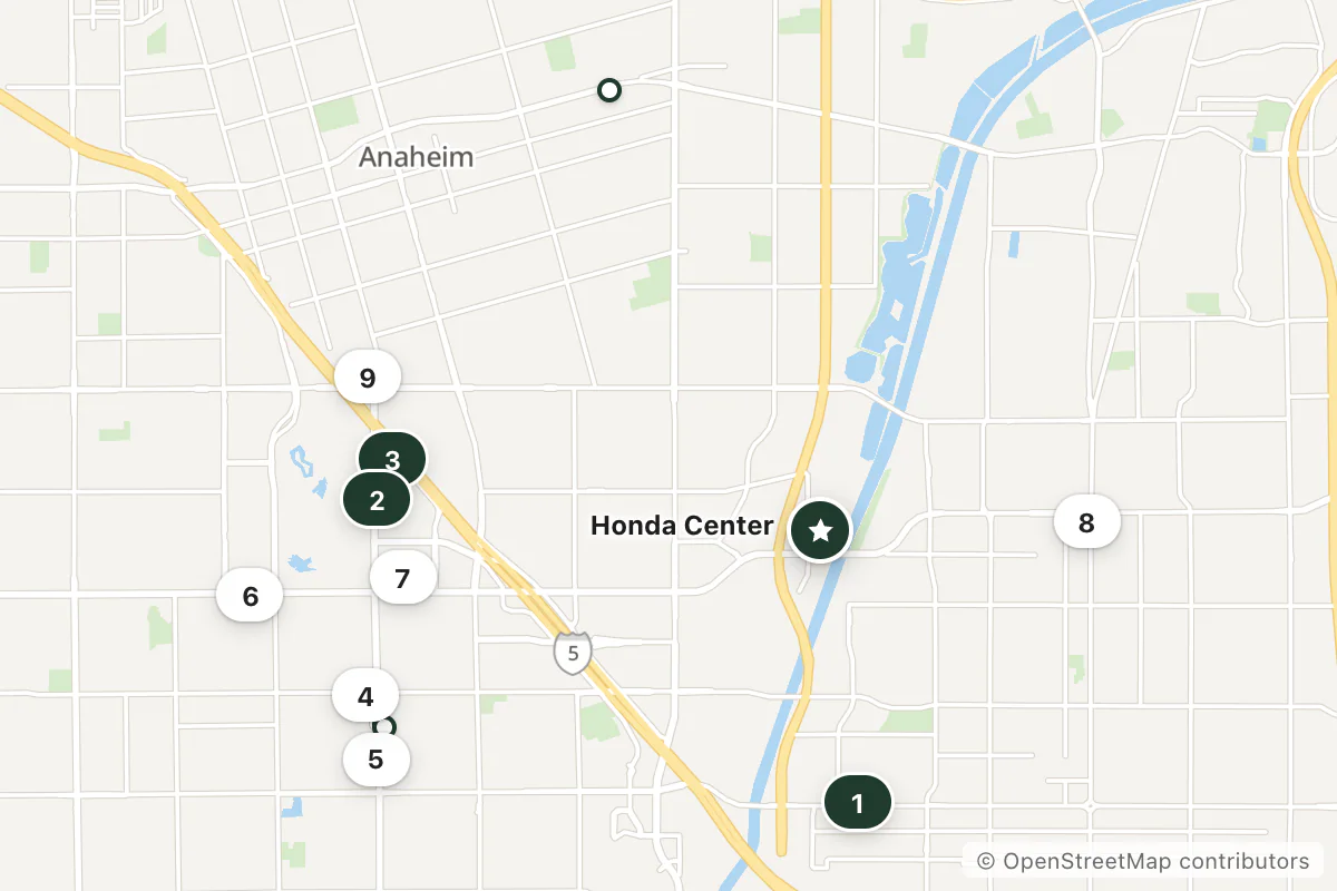 Map of the top 12 hotels for this question around Honda Center