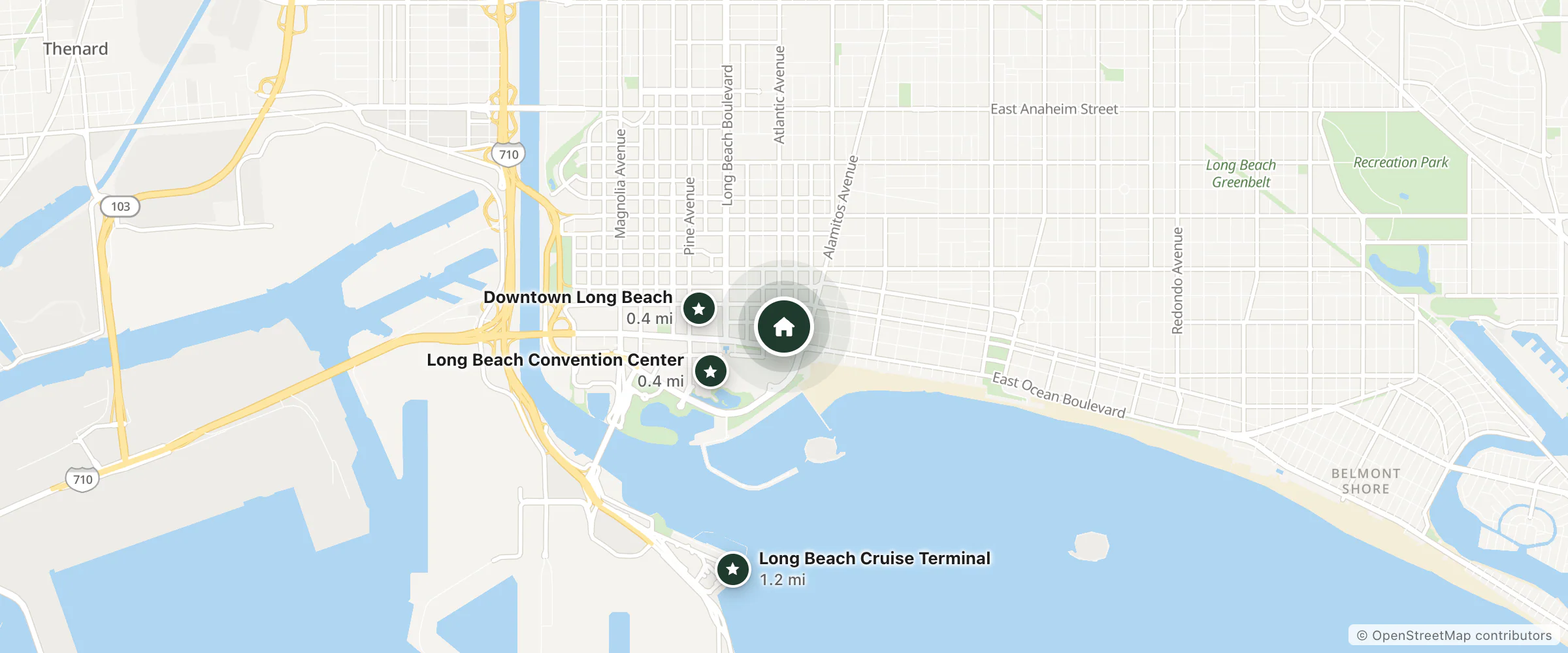 Map of Travelodge and nearby Long Beach Convention Center, Downtown Long Beach and Long Beach Cruise Terminal