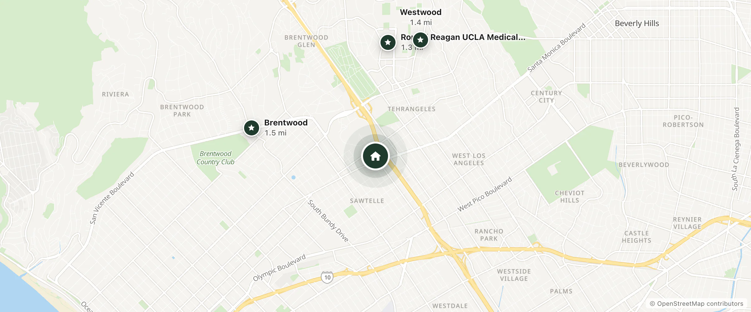 Map of West End Hotel and nearby Ronald Reagan UCLA Medical Center, Westwood and Brentwood