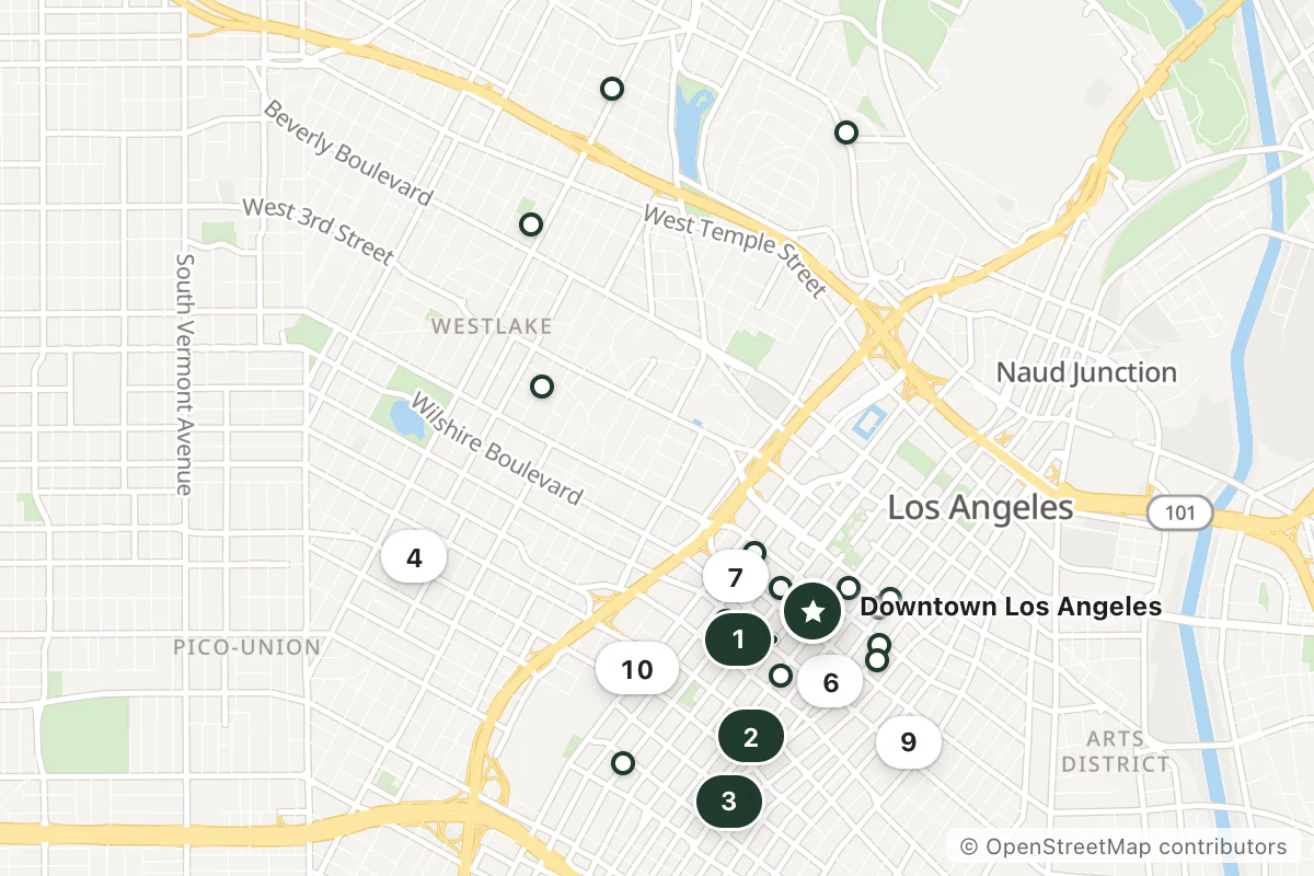 Map of the top 25 hotels for this question around Downtown Los Angeles
