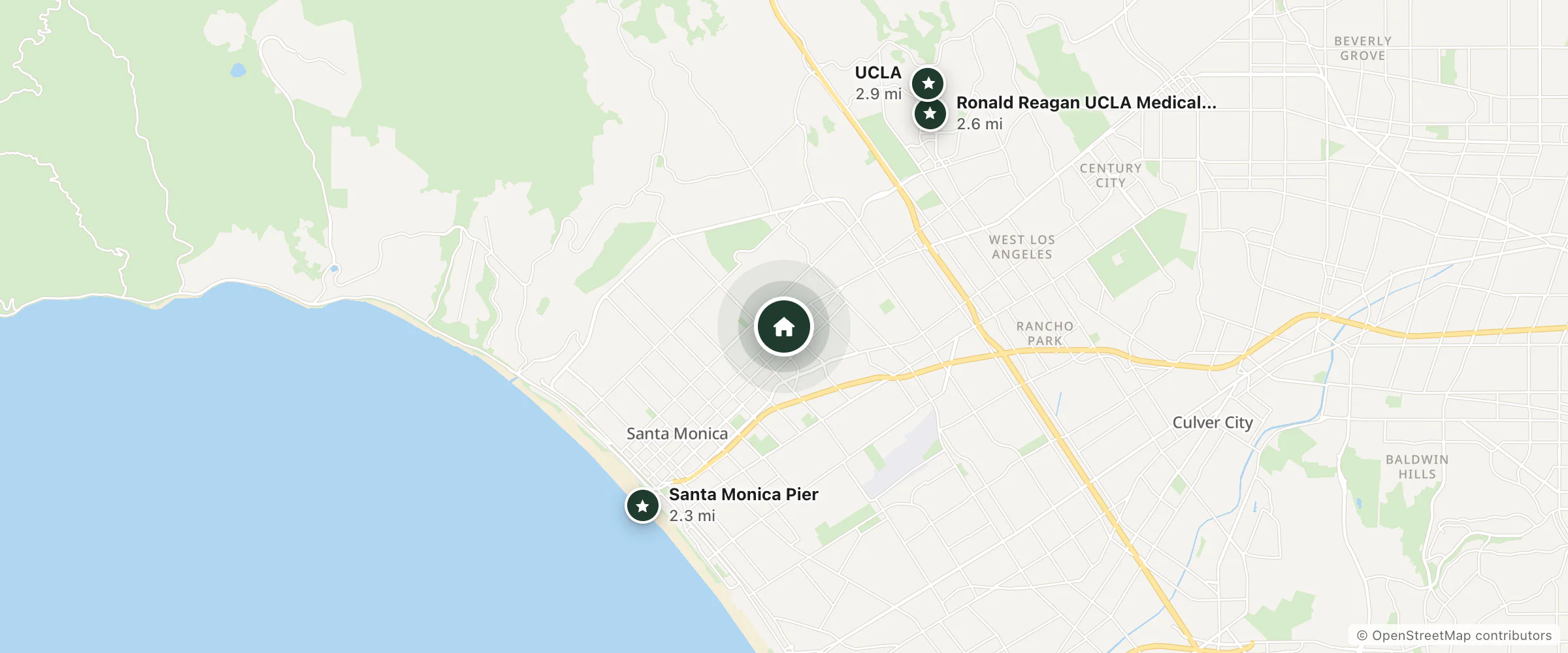Map of Comfort Inn Santa Monica and nearby Santa Monica Pier, Ronald Reagan UCLA Medical Center and UCLA