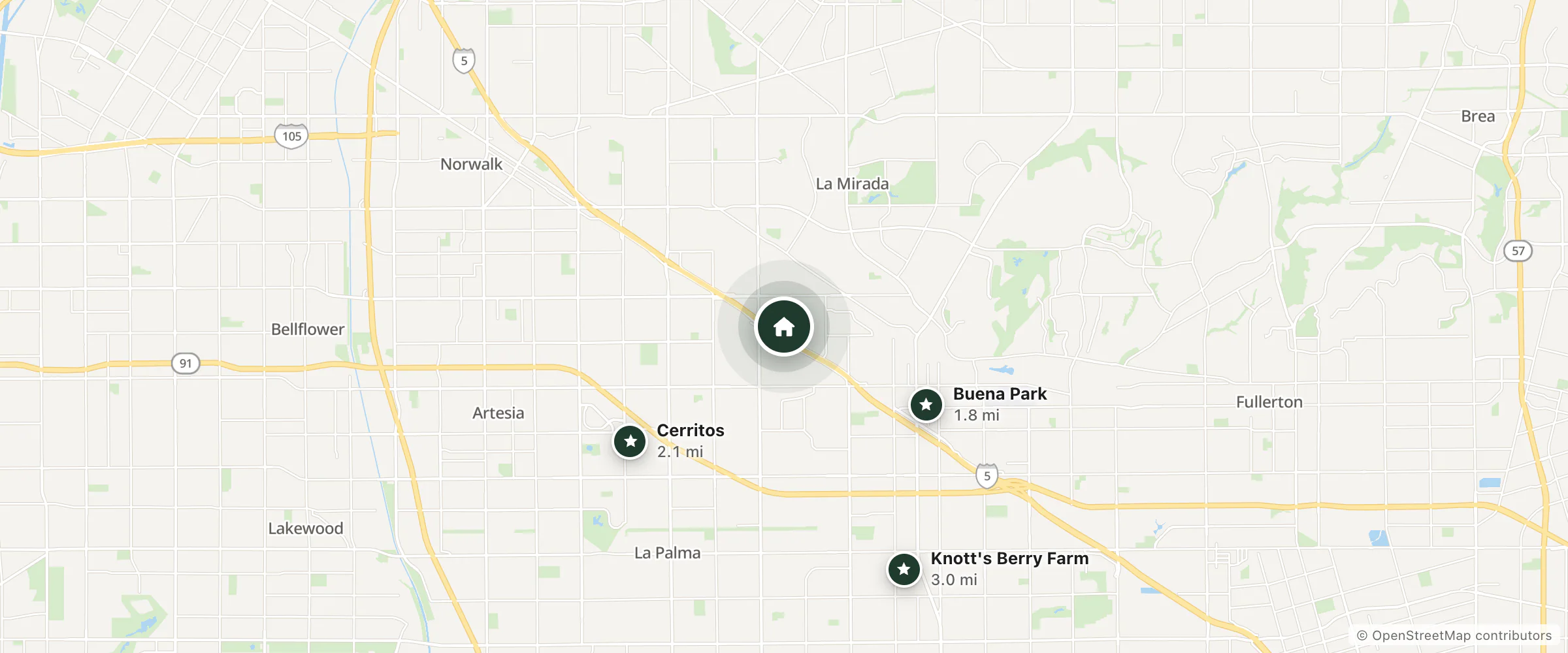 Map of Residence Inn and nearby Buena Park, Cerritos and Knott's Berry Farm