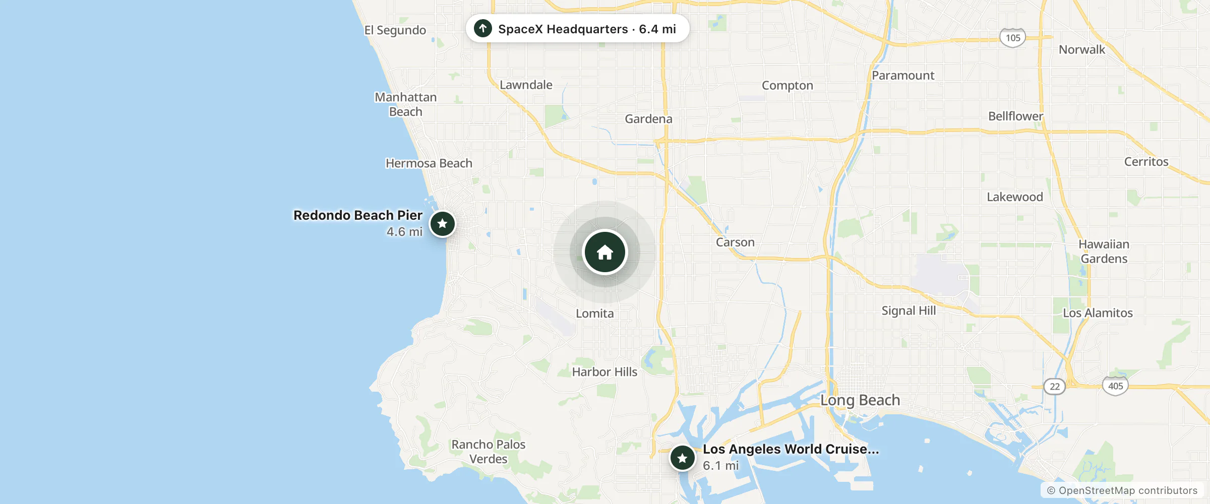 Map of Cabrillo Hotel and nearby Redondo Beach Pier, Los Angeles World Cruise Center and SpaceX Headquarters