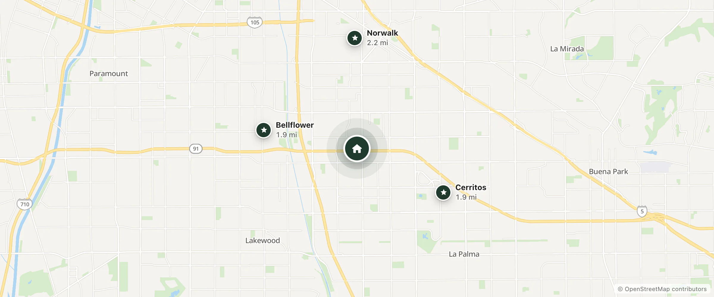 Map of Motel 6 and nearby Bellflower, Cerritos and Norwalk