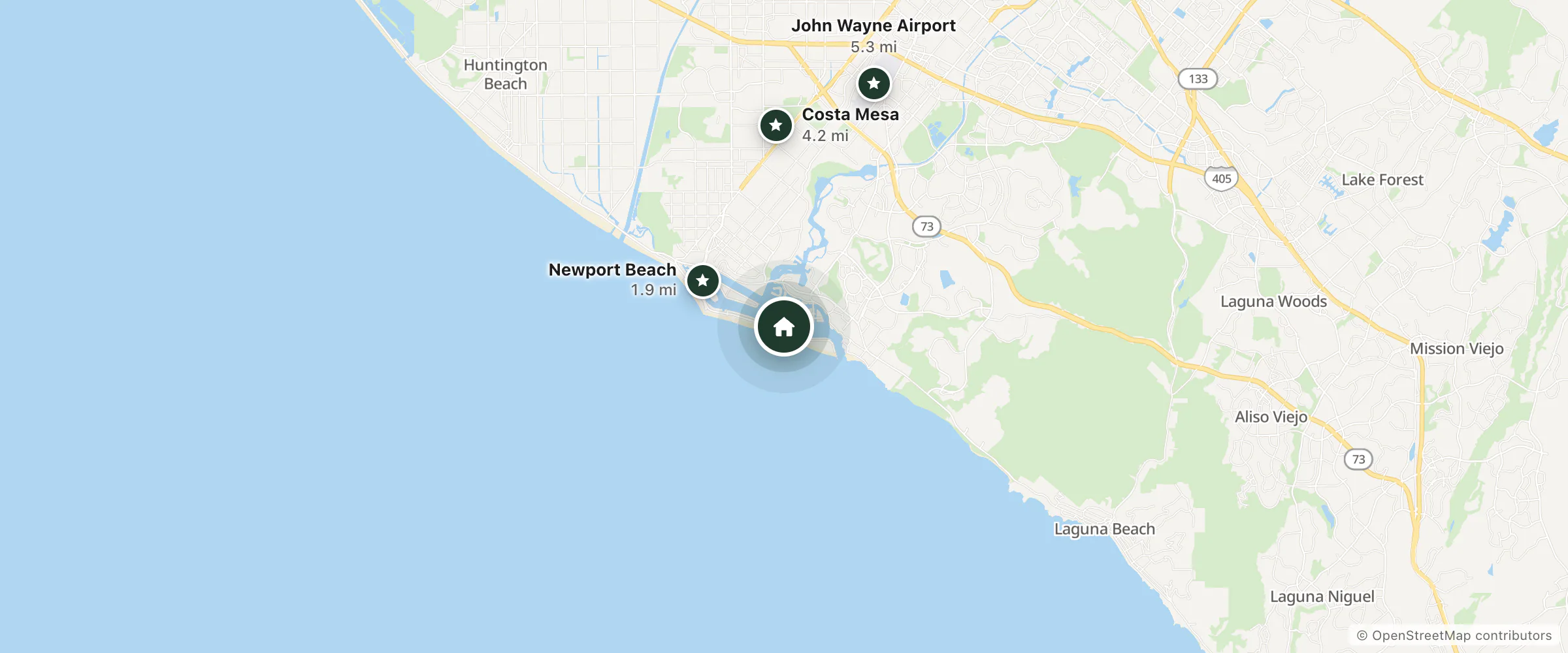 Map of Balboa Village and nearby Newport Beach, Costa Mesa and John Wayne Airport