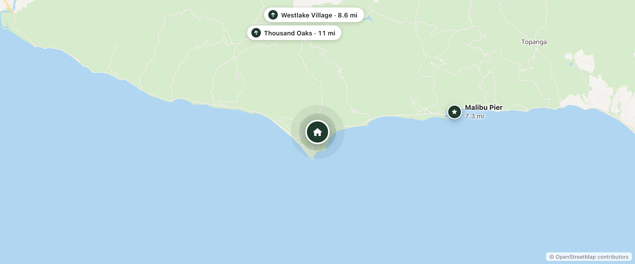 Map of Hotel June Malibu and nearby Malibu Pier, Westlake Village and Thousand Oaks