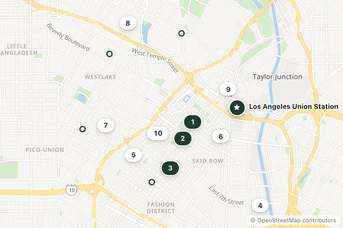 Map of the top 14 hotels for this question around Los Angeles Union Station