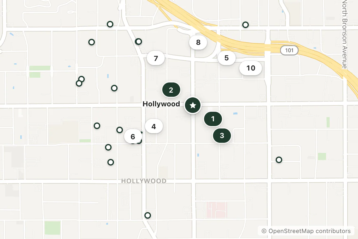 Map of the top 25 hotels for this question around Hollywood
