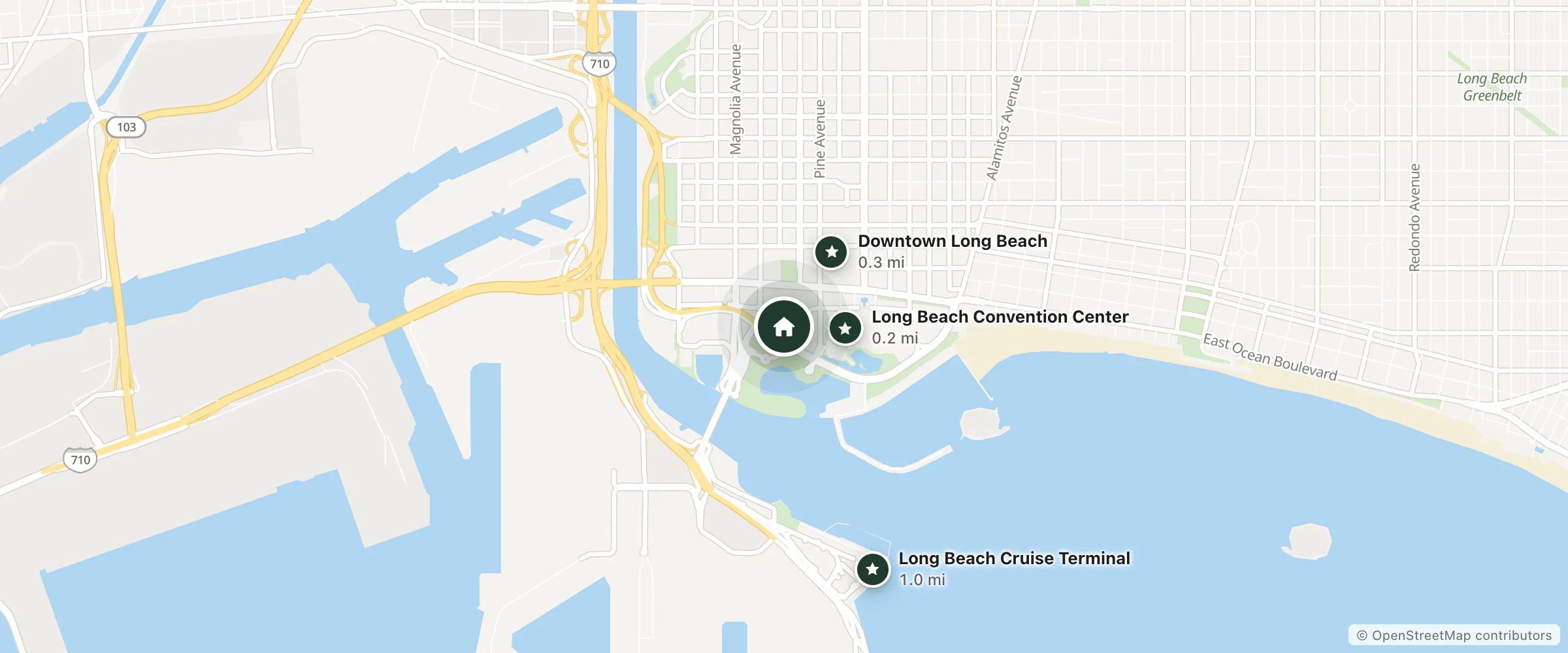 Map of AVIA Long Beach Hotel and nearby Long Beach Convention Center, Downtown Long Beach and Long Beach Cruise Terminal