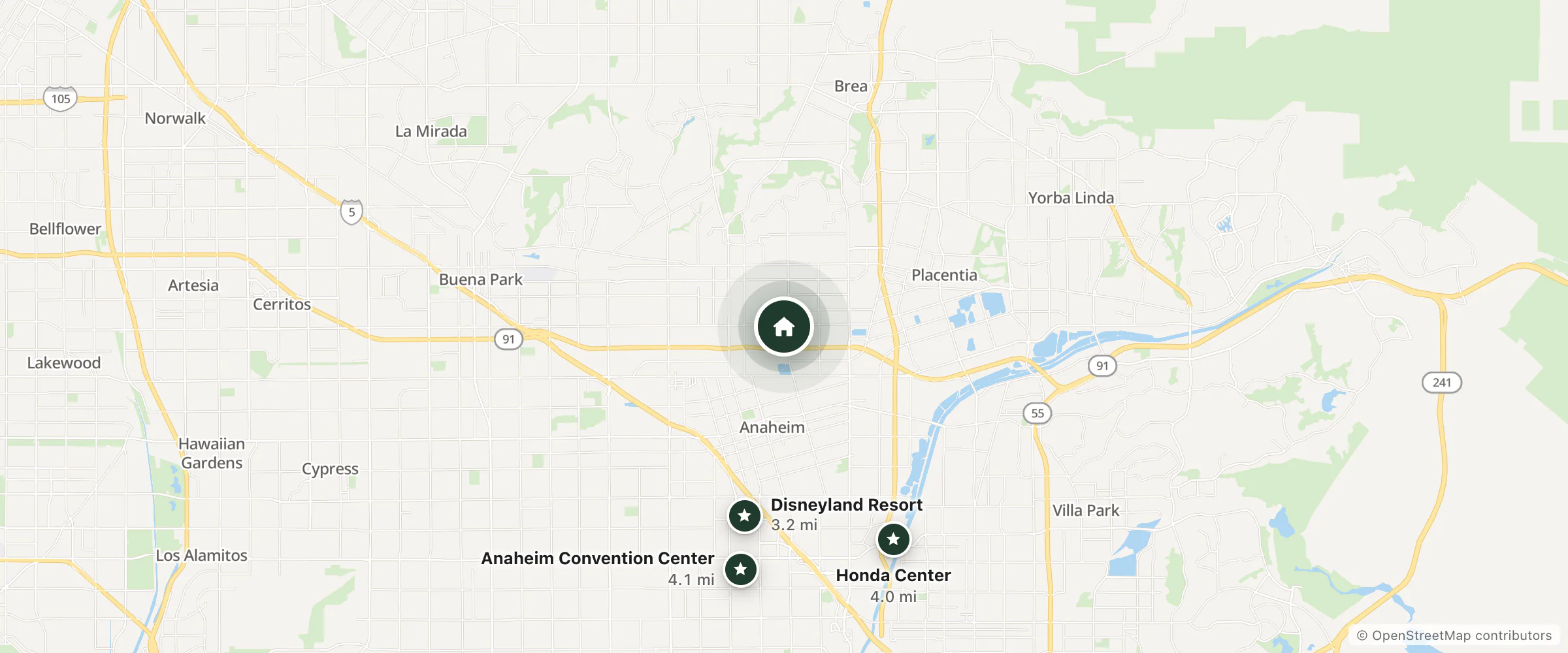 Map of Akua Motor Inn and nearby Disneyland Resort, Honda Center and Anaheim Convention Center