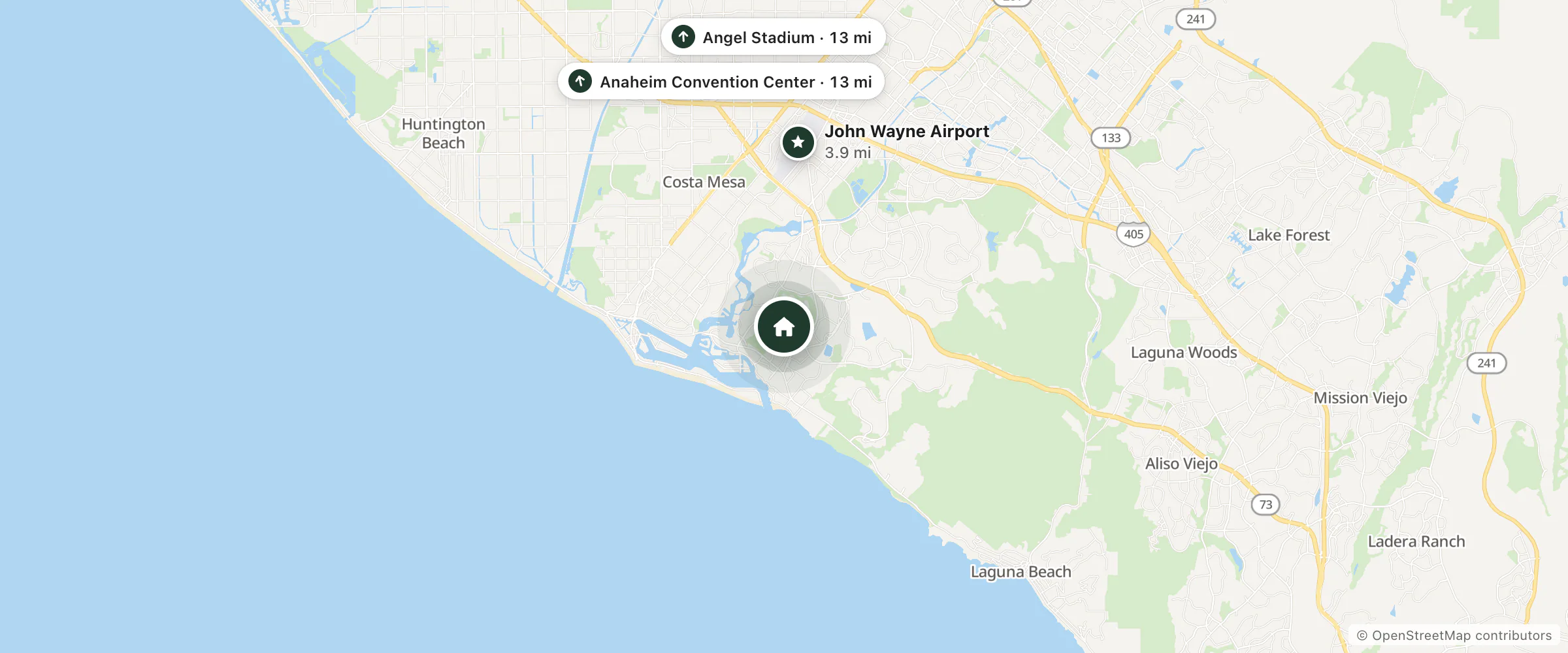 Map of Homewood Suites by Hilton and nearby John Wayne Airport, Angel Stadium and Anaheim Convention Center