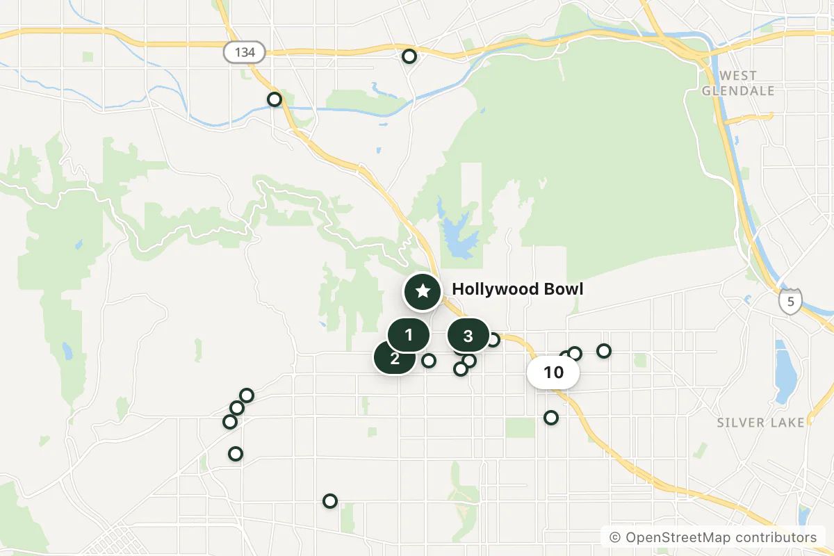 Map of the top 21 hotels for this question around Hollywood Bowl