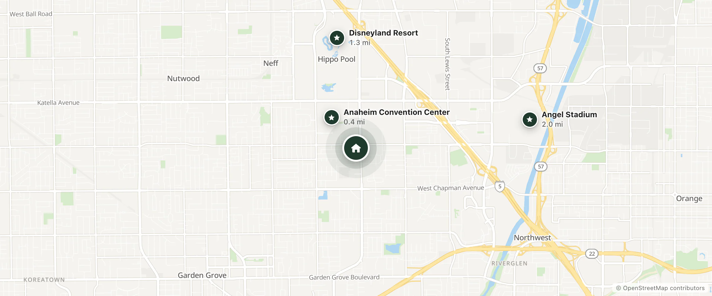 Map of Days Inn and nearby Anaheim Convention Center, Disneyland Resort and Angel Stadium