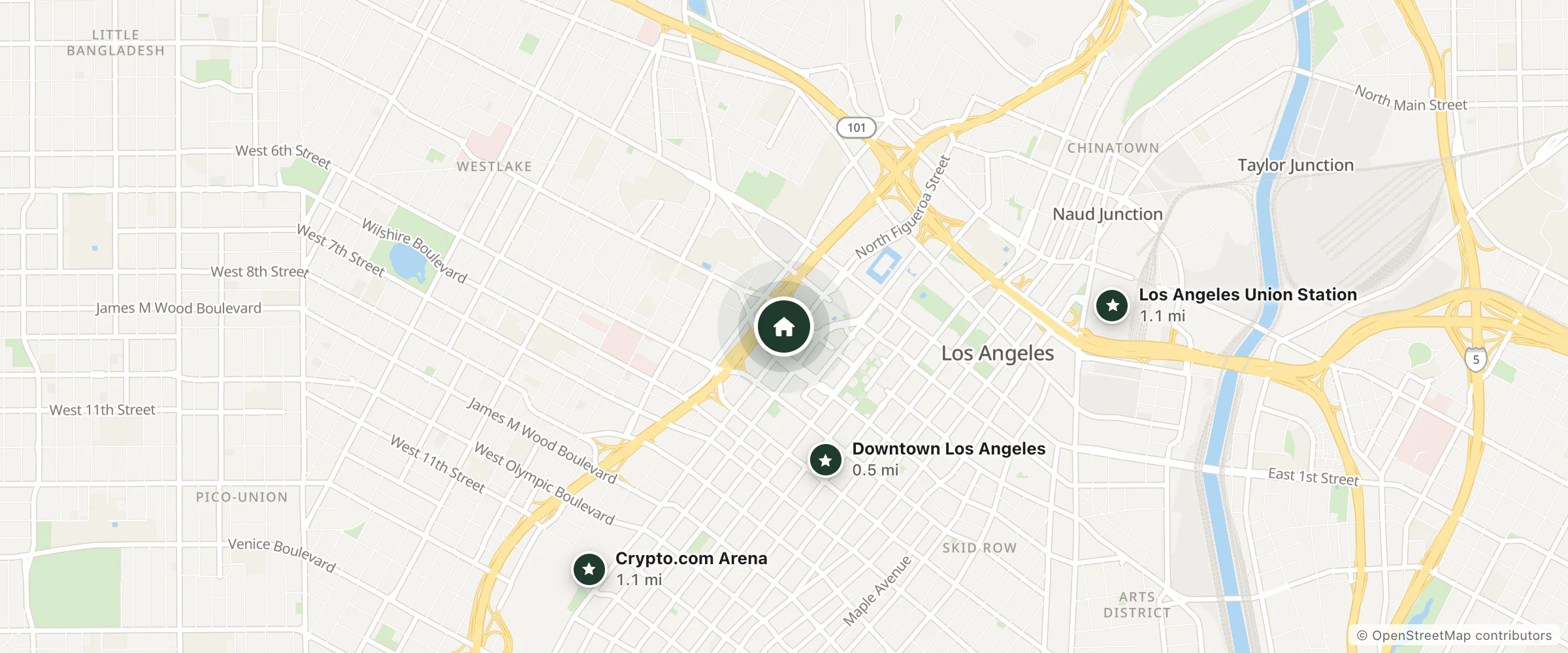 Map of Marriott Downtown and nearby Downtown Los Angeles, Crypto.com Arena and Los Angeles Union Station
