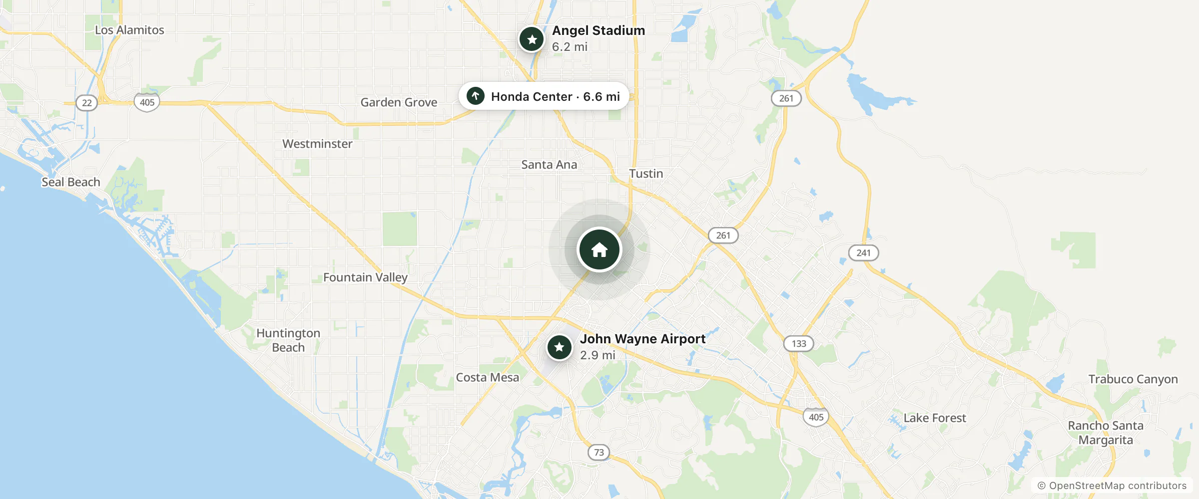 Map of The Island Hotel Newport Beach and nearby John Wayne Airport, Angel Stadium and Honda Center