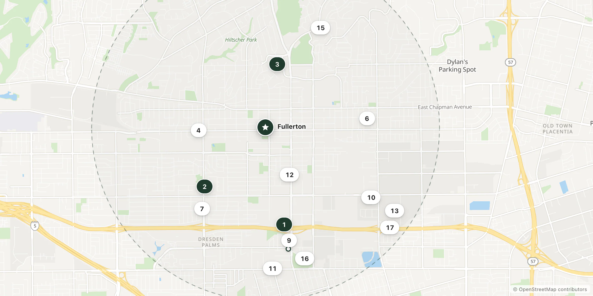Map of hotels near Fullerton