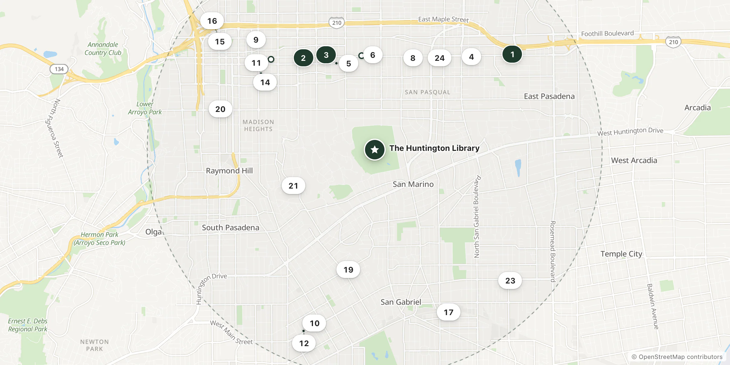Map of hotels near The Huntington Library