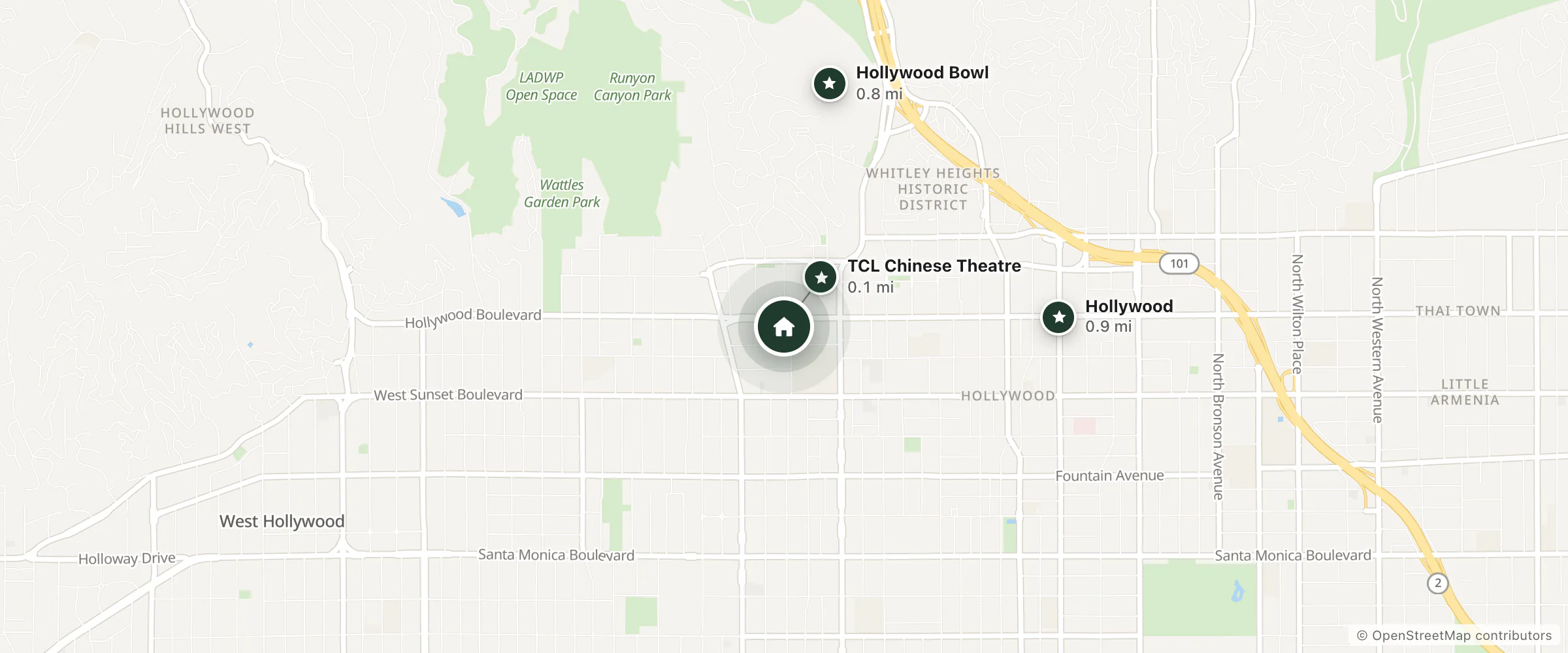 Map of The Hollywood Roosevelt and nearby TCL Chinese Theatre, Hollywood Bowl and Hollywood