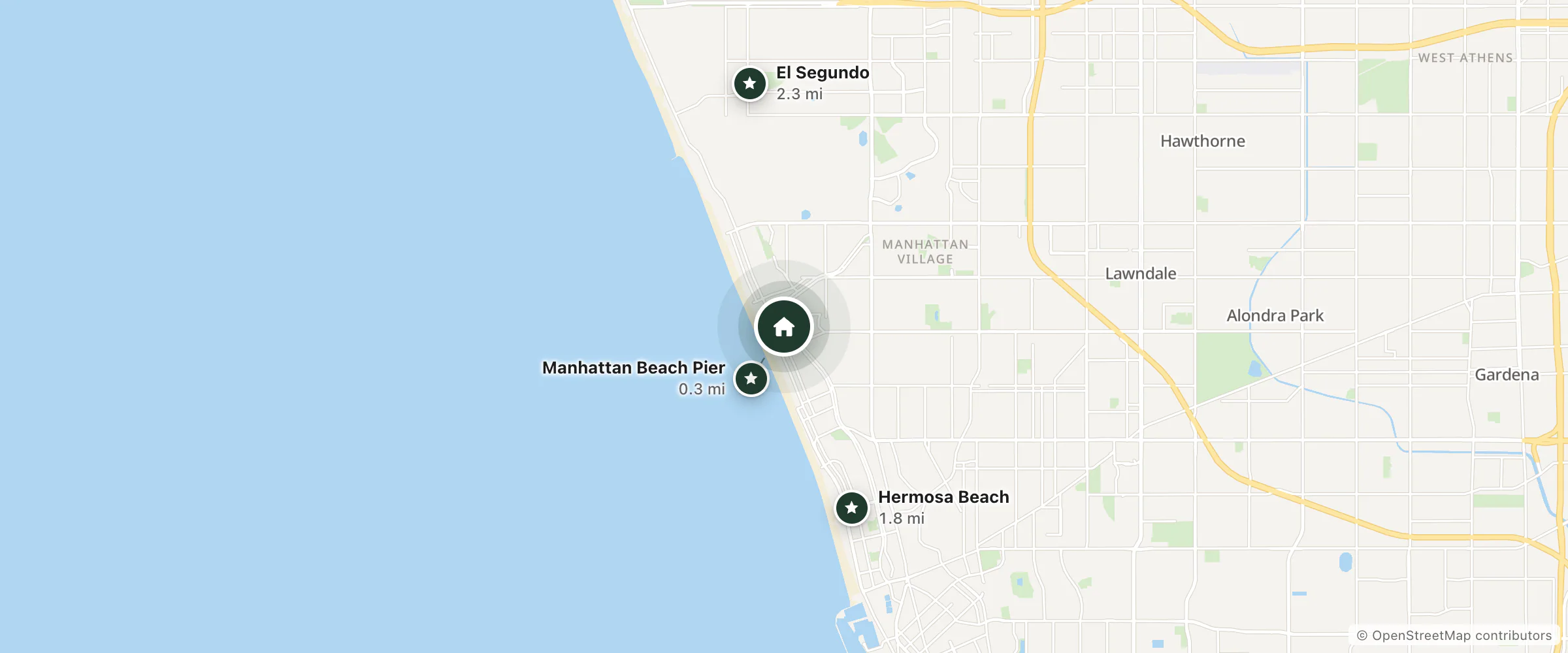 Map of Manhattan Beach Buddha House and nearby Manhattan Beach Pier, Hermosa Beach and El Segundo