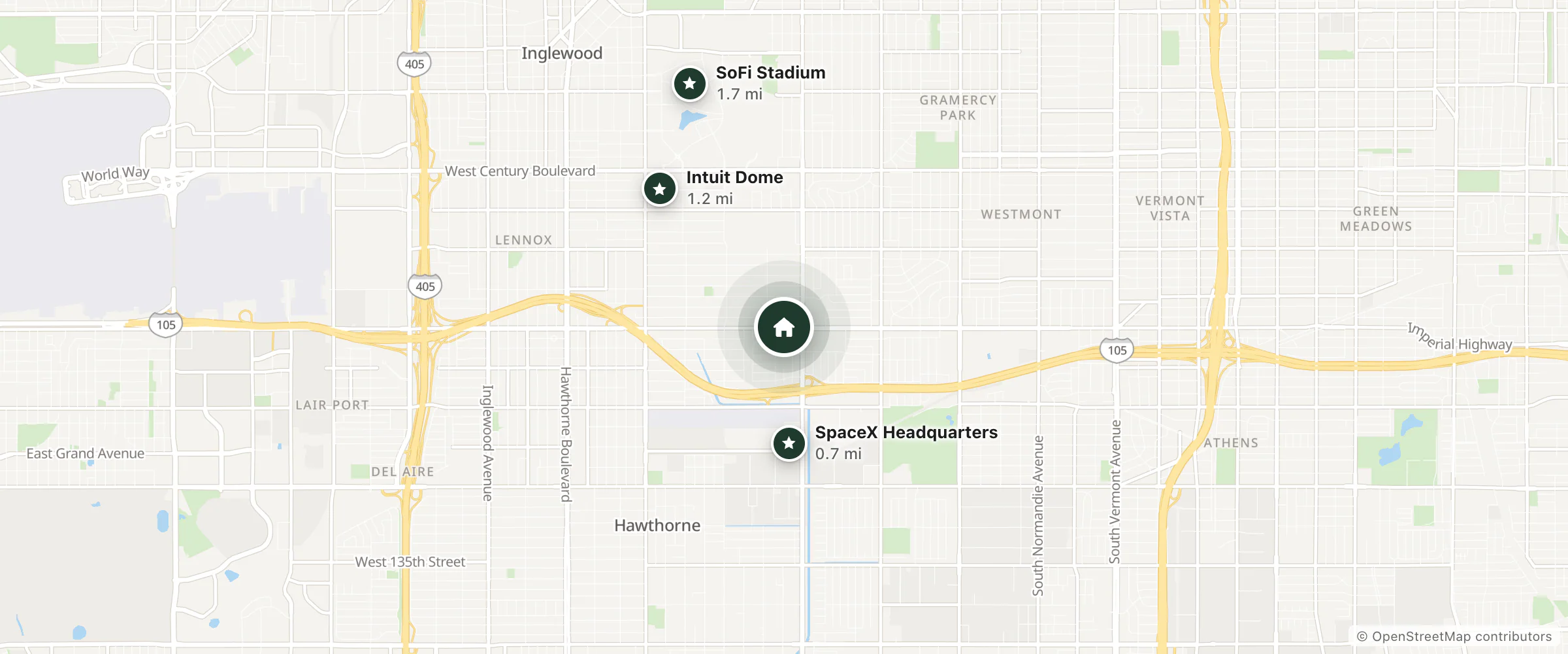 Map of Dream Inn and nearby SpaceX Headquarters, Intuit Dome and SoFi Stadium