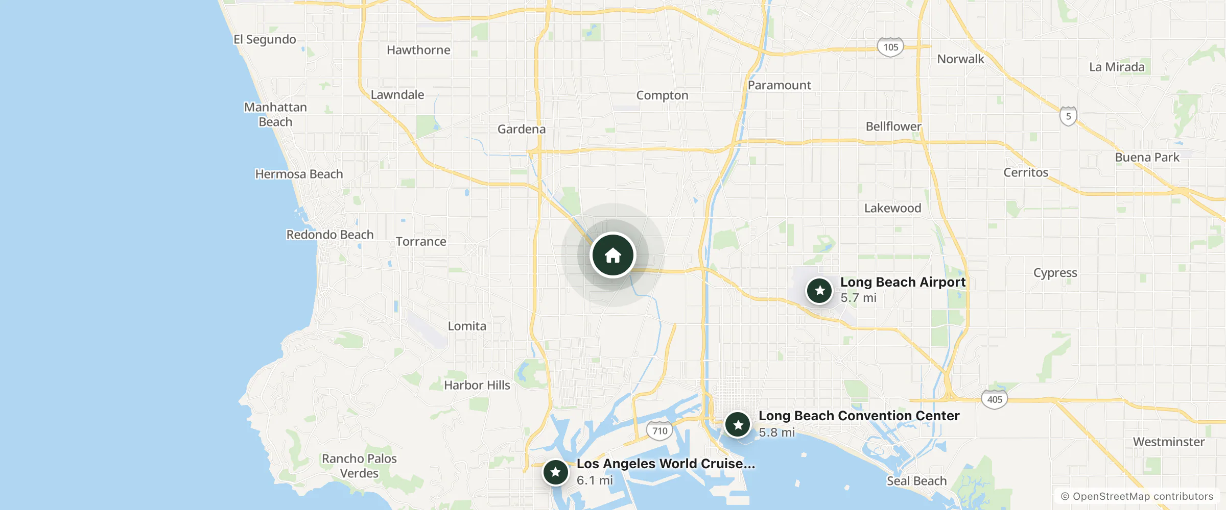 Map of Rodeway Inn Carson - Los Angeles South and nearby Long Beach Airport, Long Beach Convention Center and Los Angeles World Cruise Center