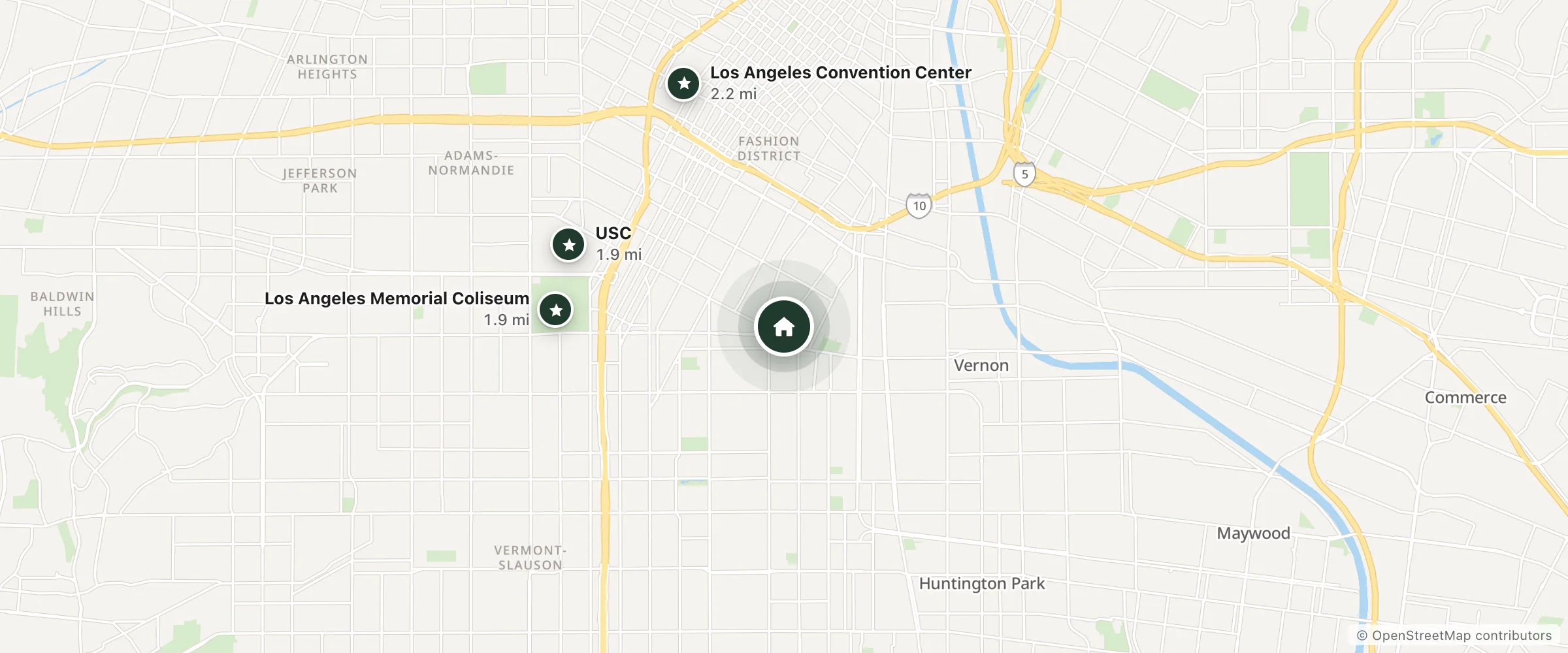 Map of King Junior Hotel and nearby Los Angeles Memorial Coliseum, USC and Los Angeles Convention Center