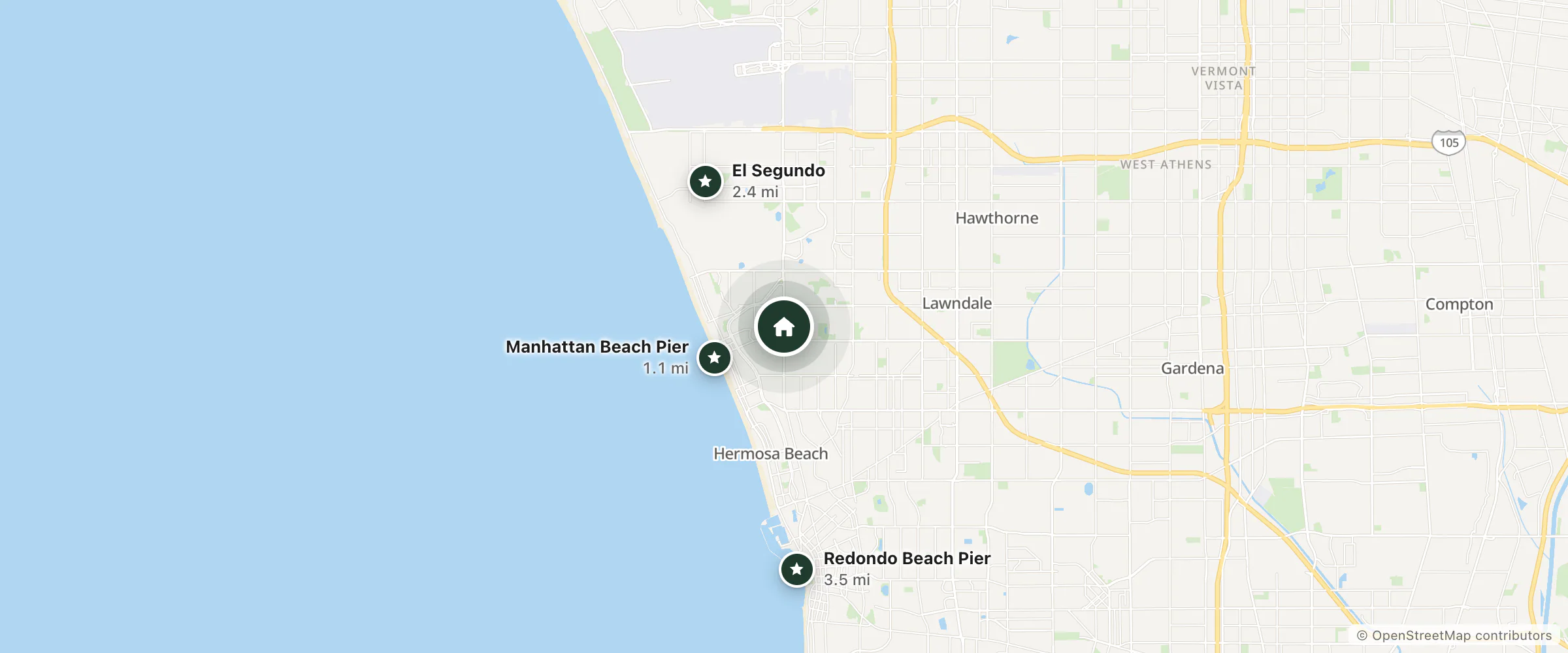 Map of Residence Inn and nearby Manhattan Beach Pier, El Segundo and Redondo Beach Pier