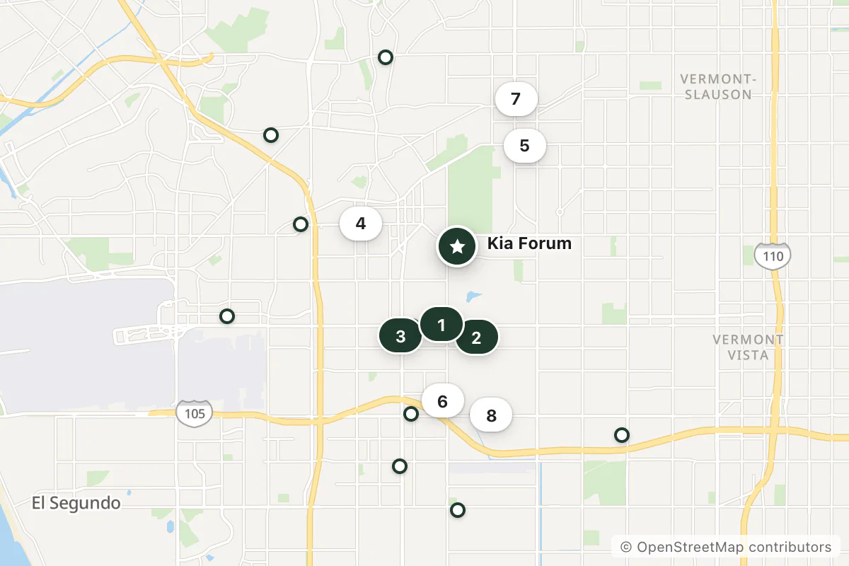 Map of the top 19 hotels for this question around Kia Forum