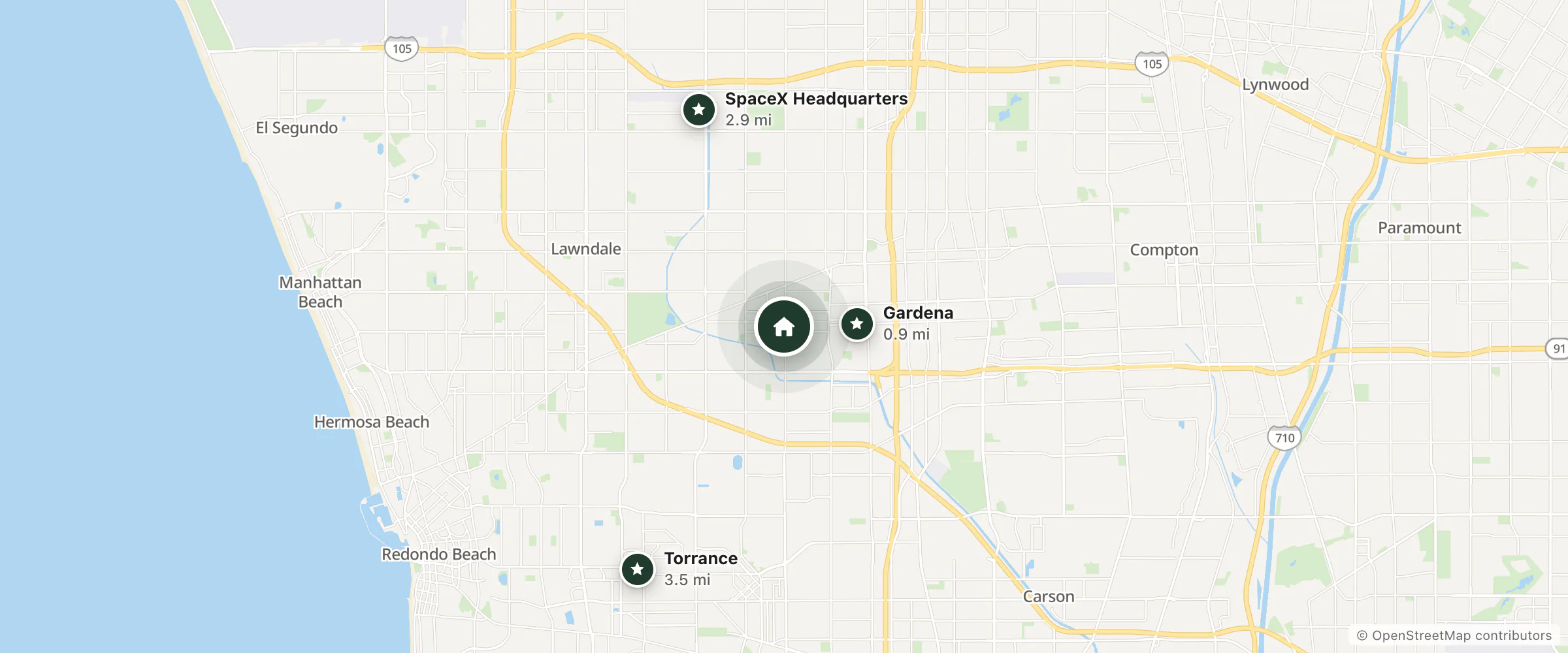 Map of Nisei Inn and nearby Gardena, SpaceX Headquarters and Torrance