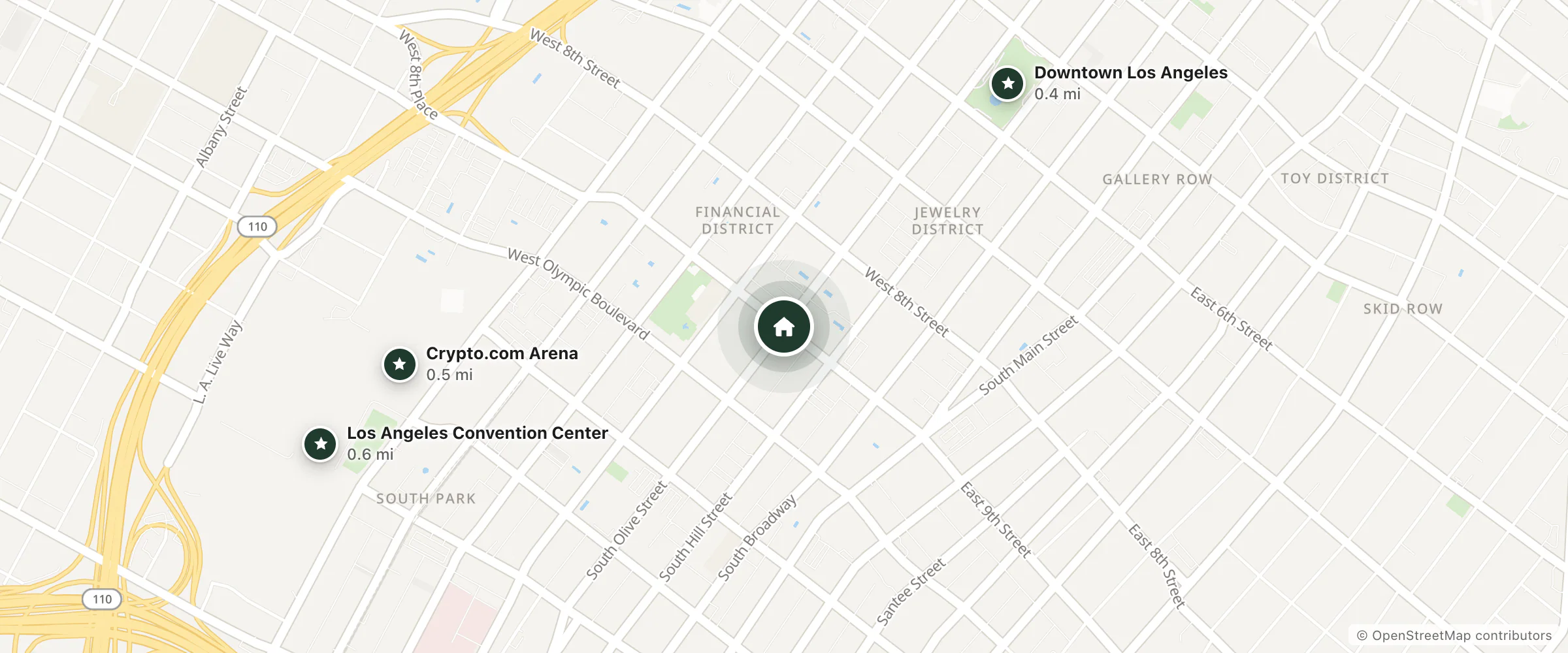 Map of Motel 6 and nearby Downtown Los Angeles, Crypto.com Arena and Los Angeles Convention Center