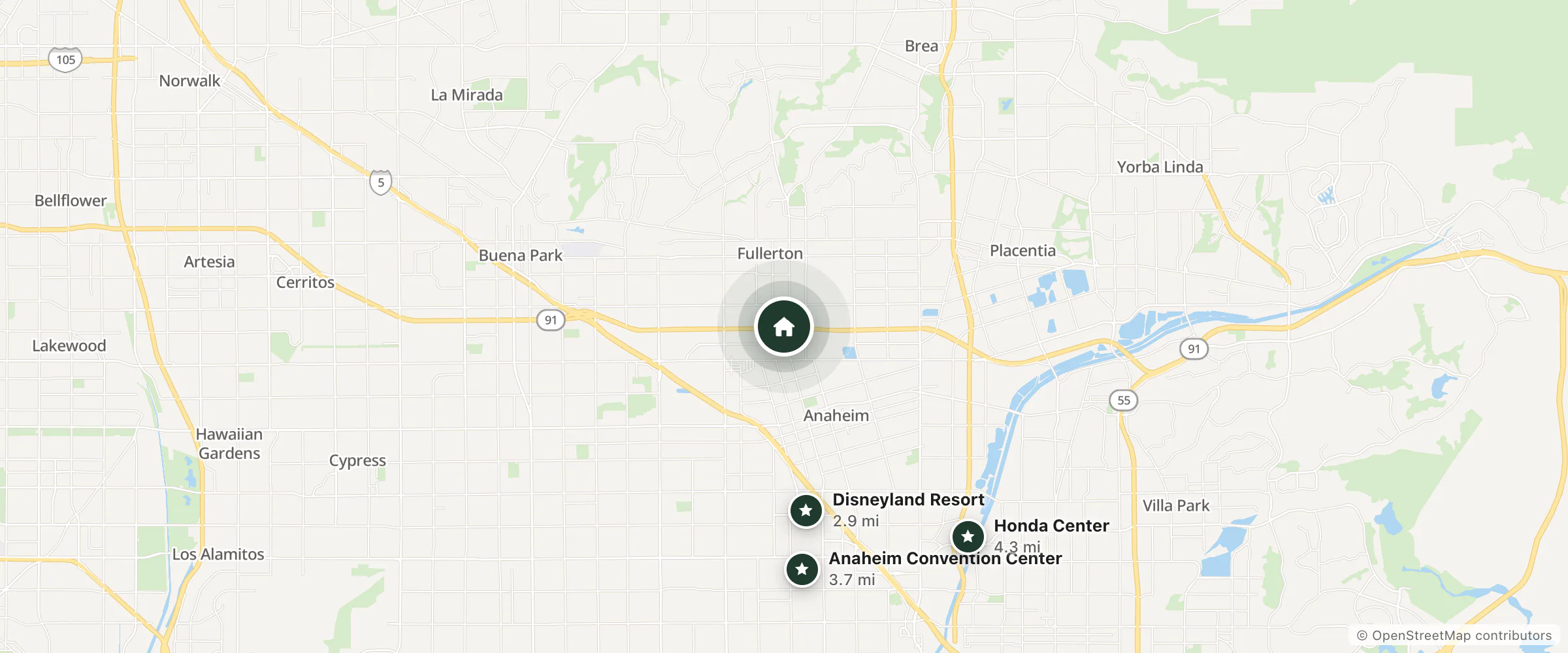 Map of Howard Johnson and nearby Disneyland Resort, Anaheim Convention Center and Honda Center