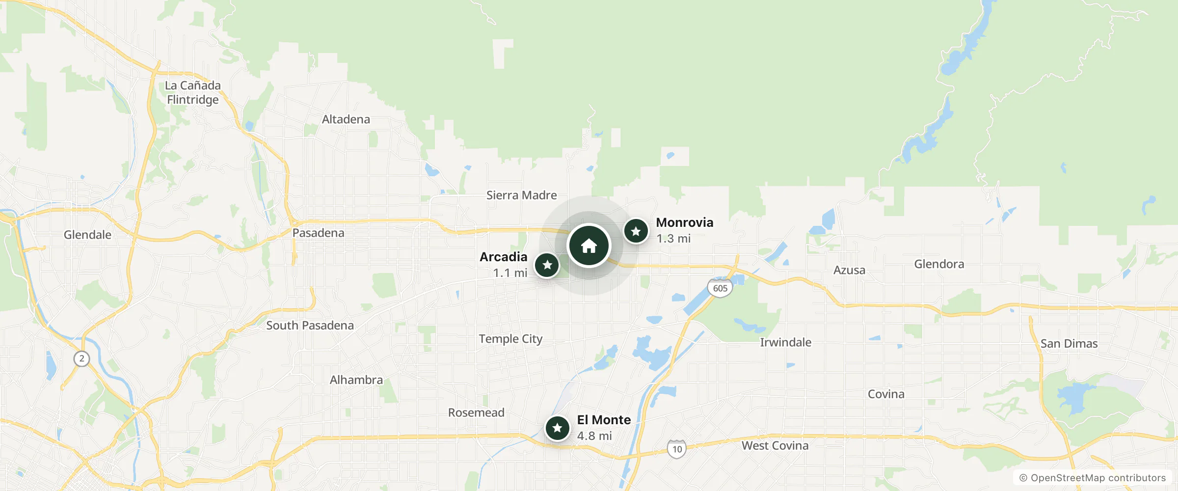 Map of Extended Stay America and nearby Arcadia, Monrovia and El Monte