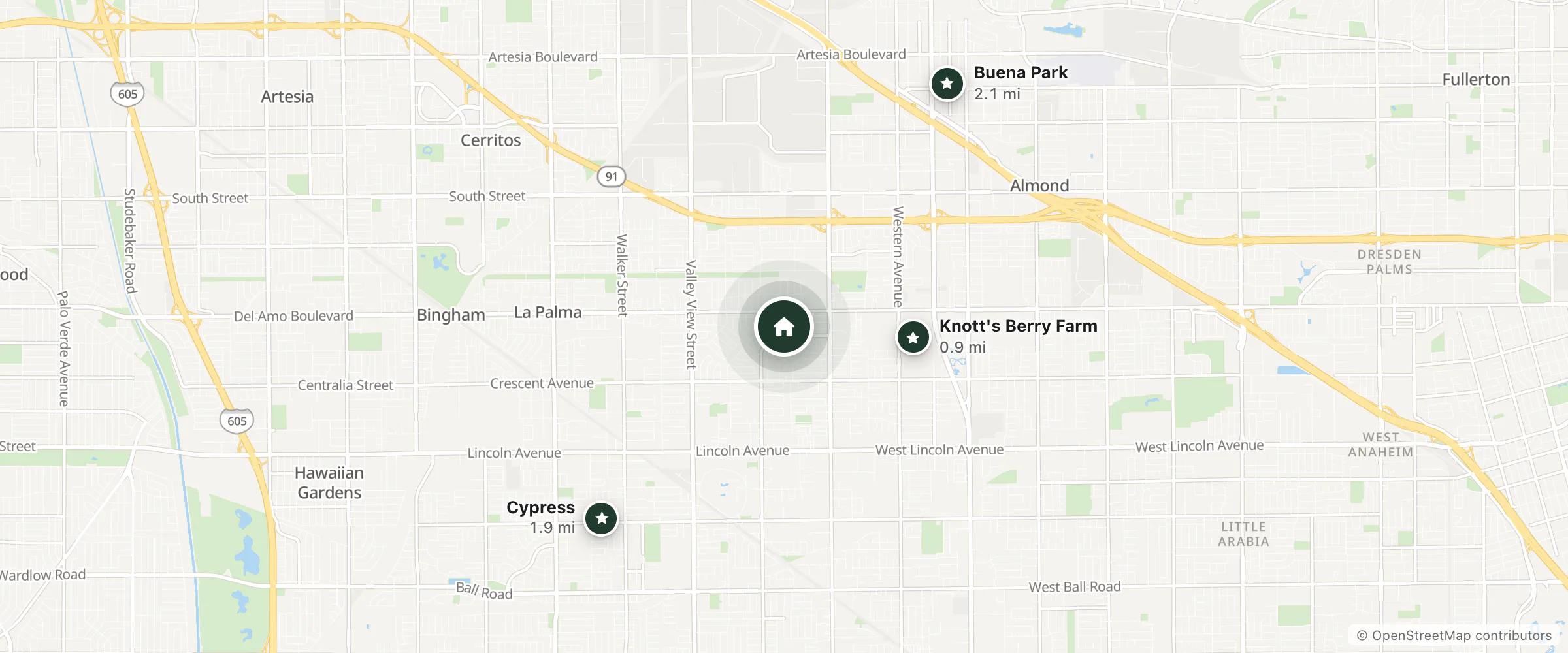 Map of Barrientos Inn and nearby Knott's Berry Farm, Cypress and Buena Park