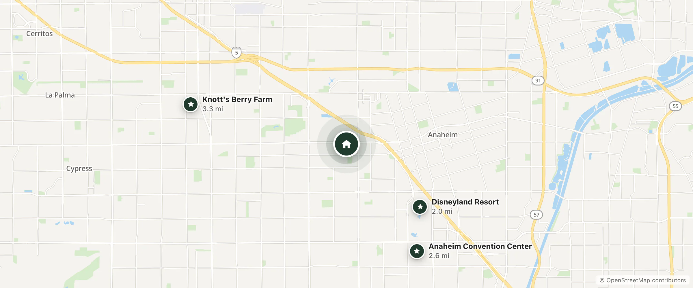 Map of Anaheim Executive Inn and nearby Disneyland Resort, Anaheim Convention Center and Knott's Berry Farm