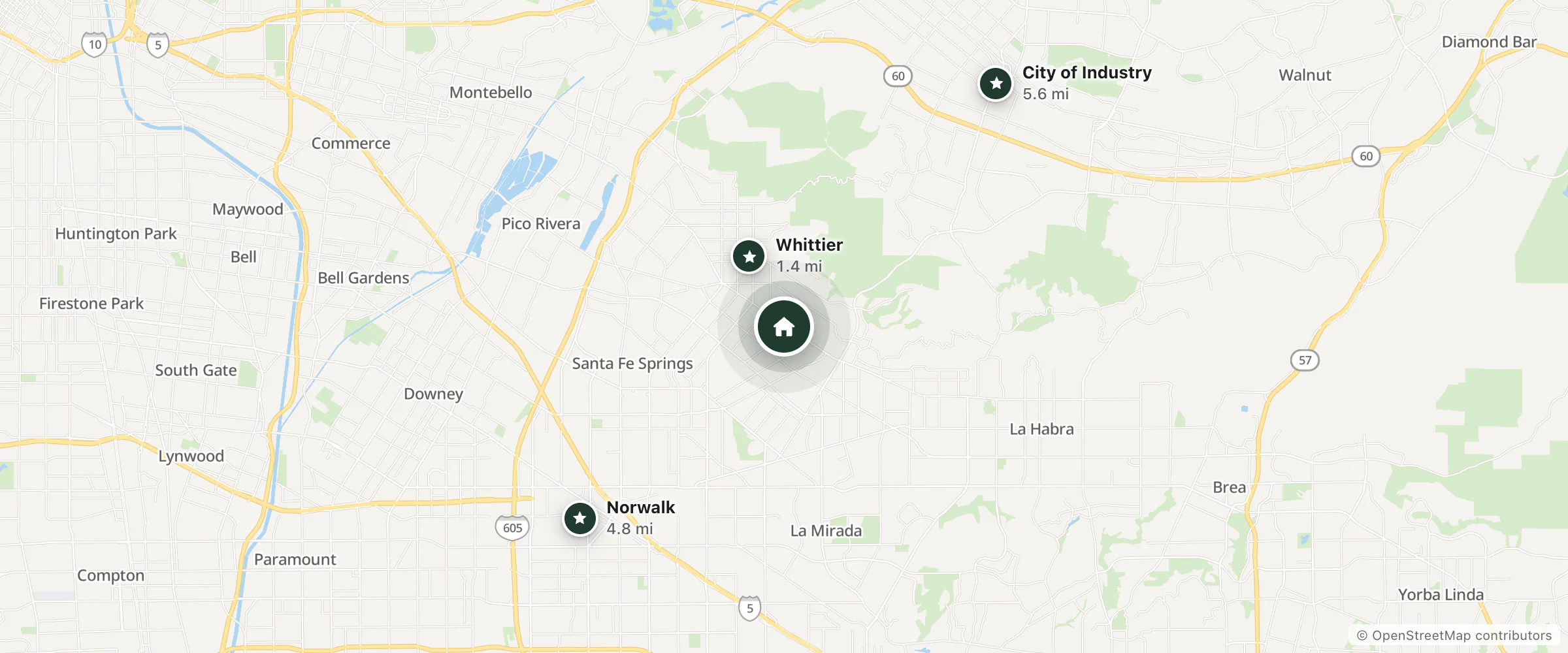 Map of Budget Inn and nearby Whittier, Norwalk and City of Industry