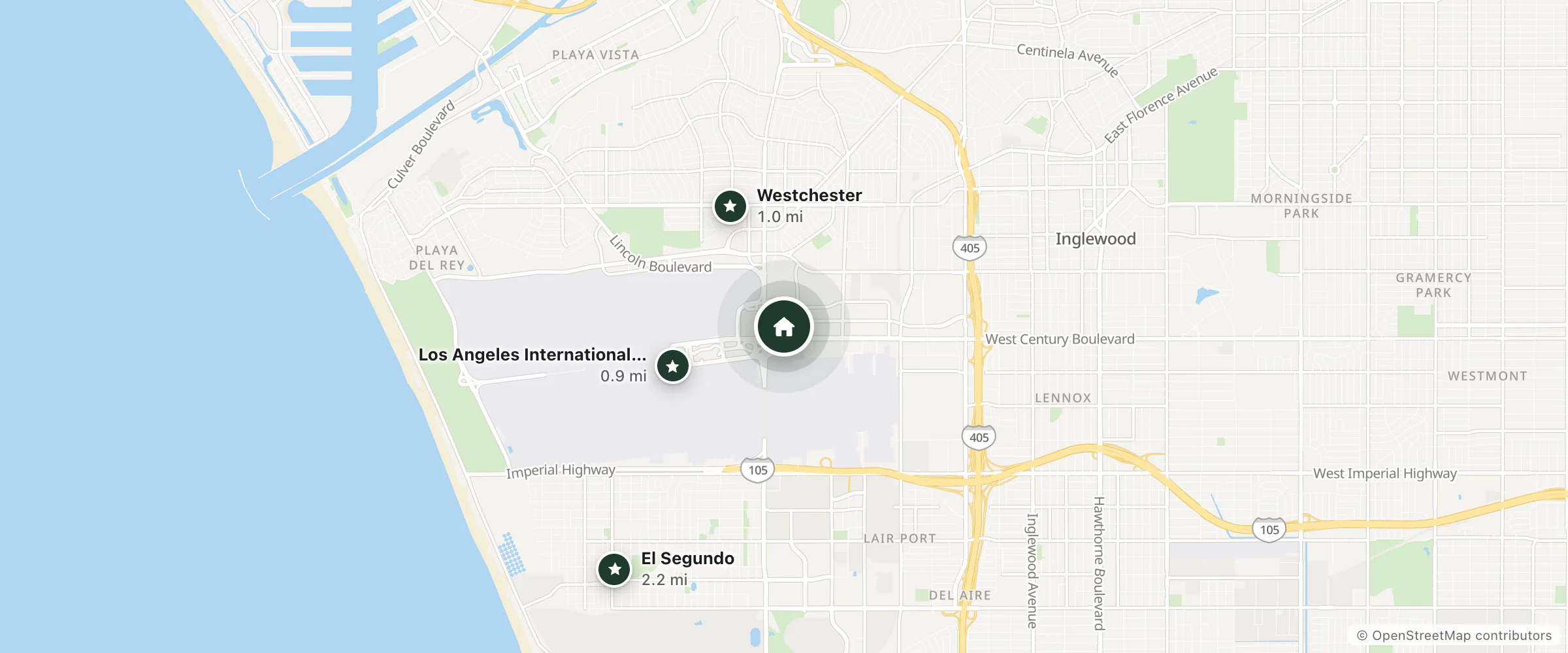 Map of Courtyard by Marriott Los Angeles LAX/Century Boulevard and nearby Los Angeles International Airport, Westchester and El Segundo