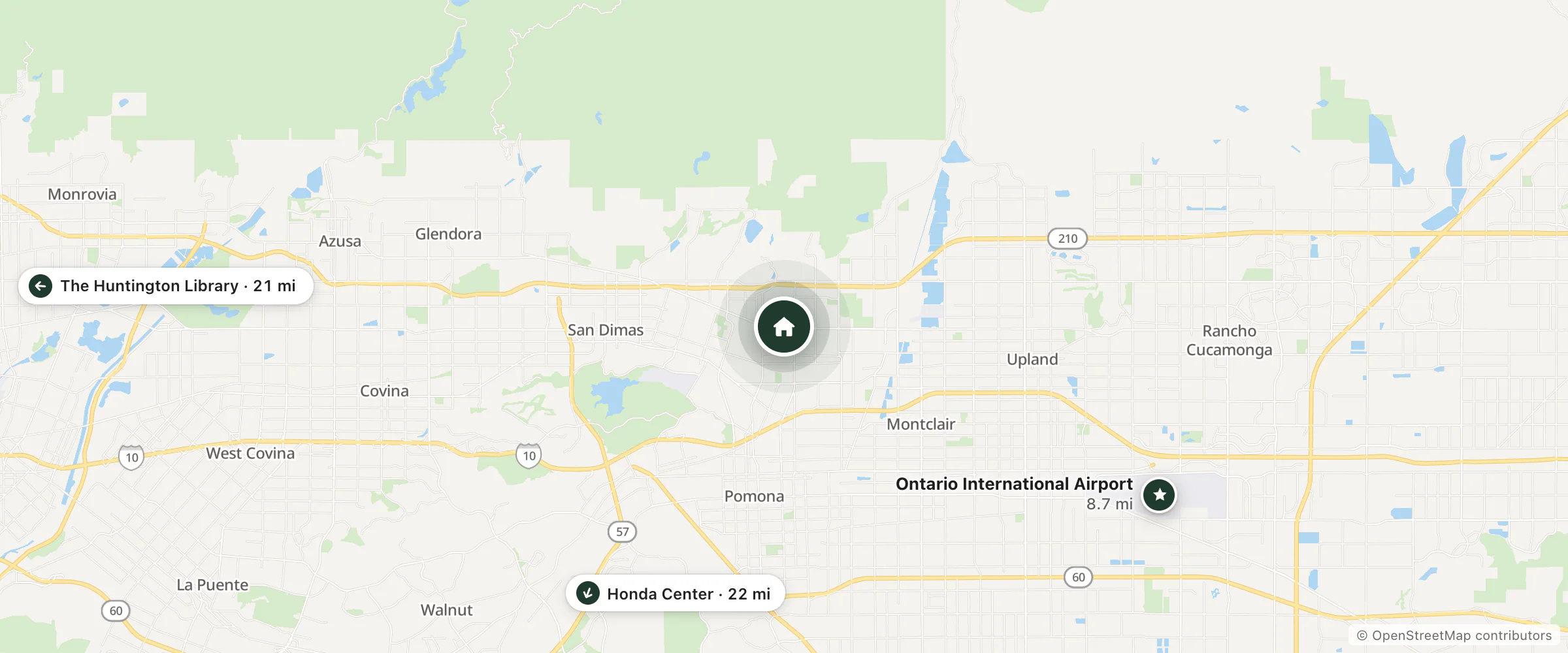 Map of Claremont West Suites and nearby Ontario International Airport, The Huntington Library and Honda Center