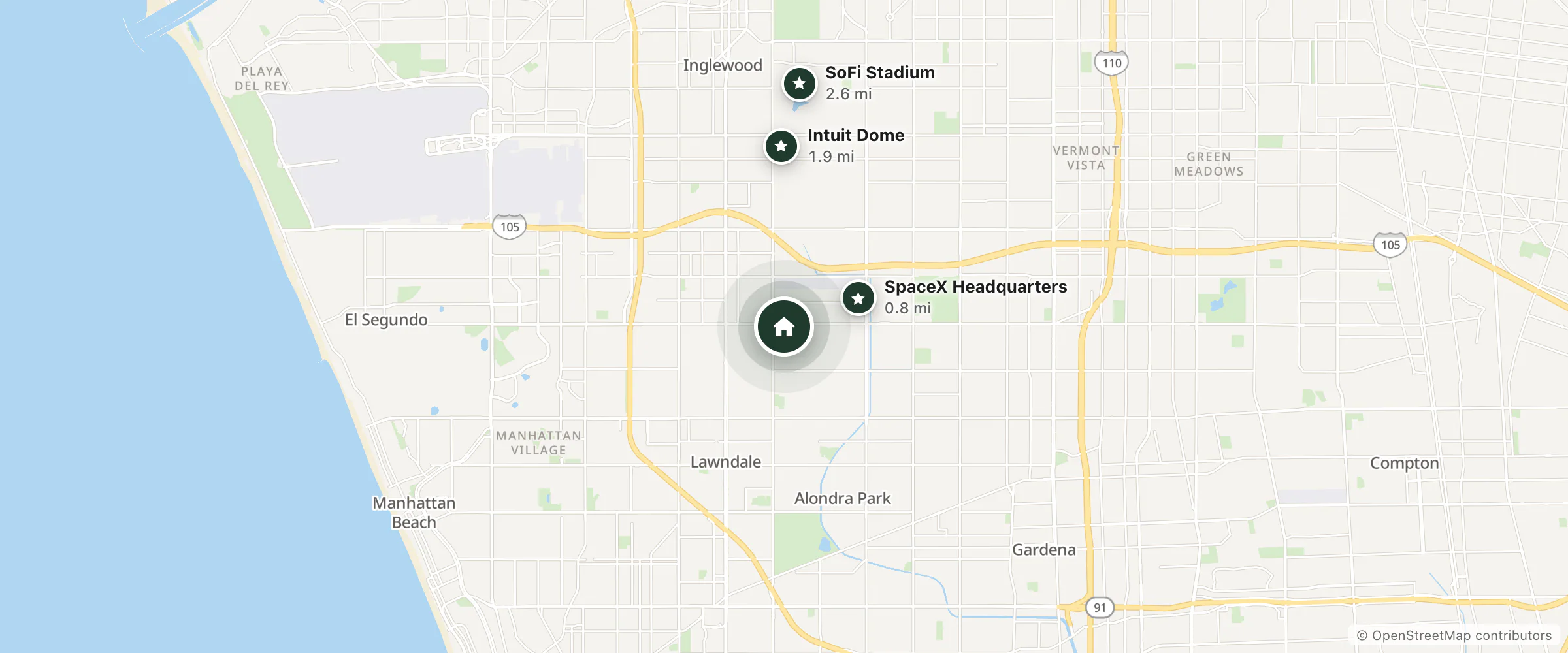 Map of El Rancho Inn and nearby SpaceX Headquarters, Intuit Dome and SoFi Stadium
